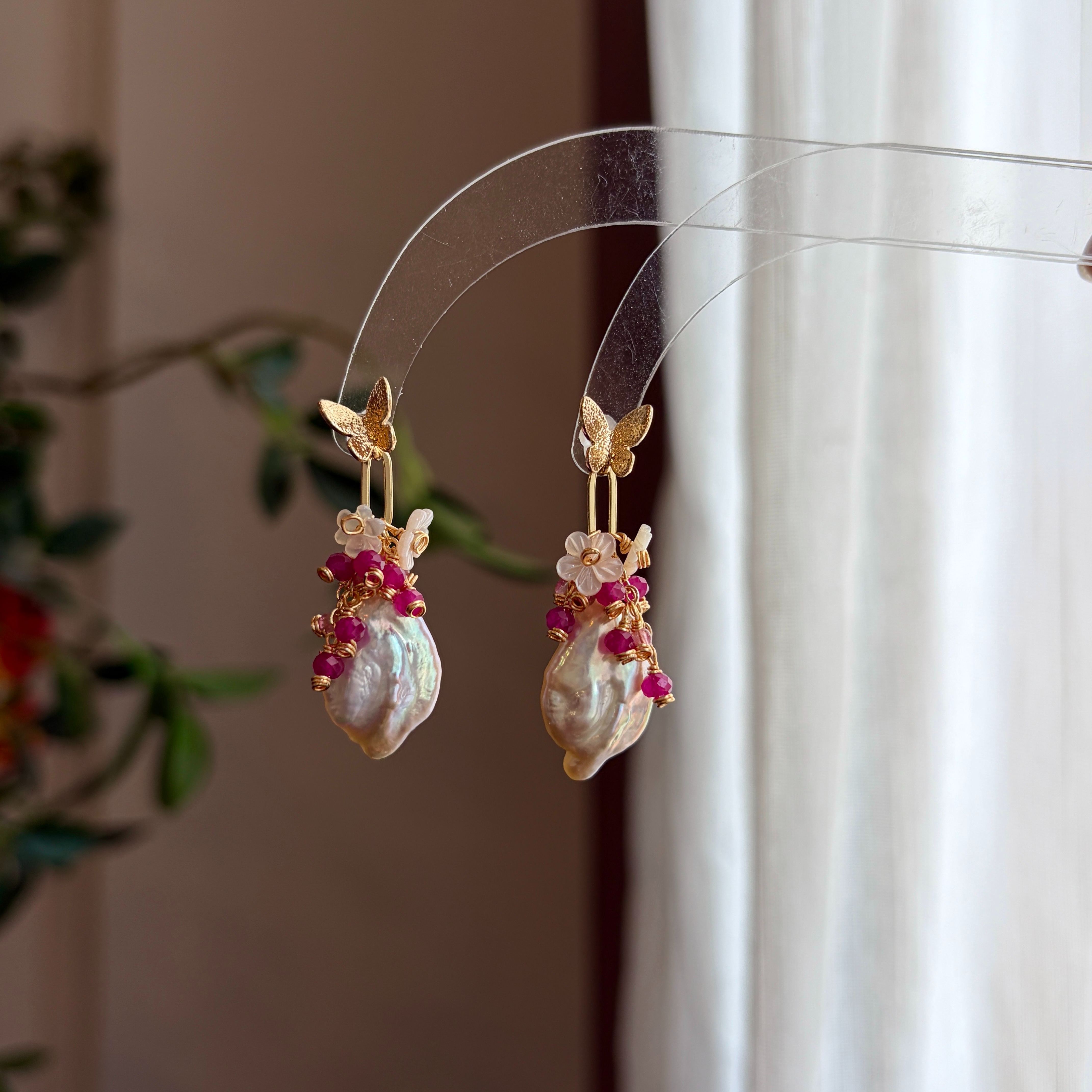 Handmade Baroque Pearl Floral Earrings with Ruby and Pink Tourmaline Cluster