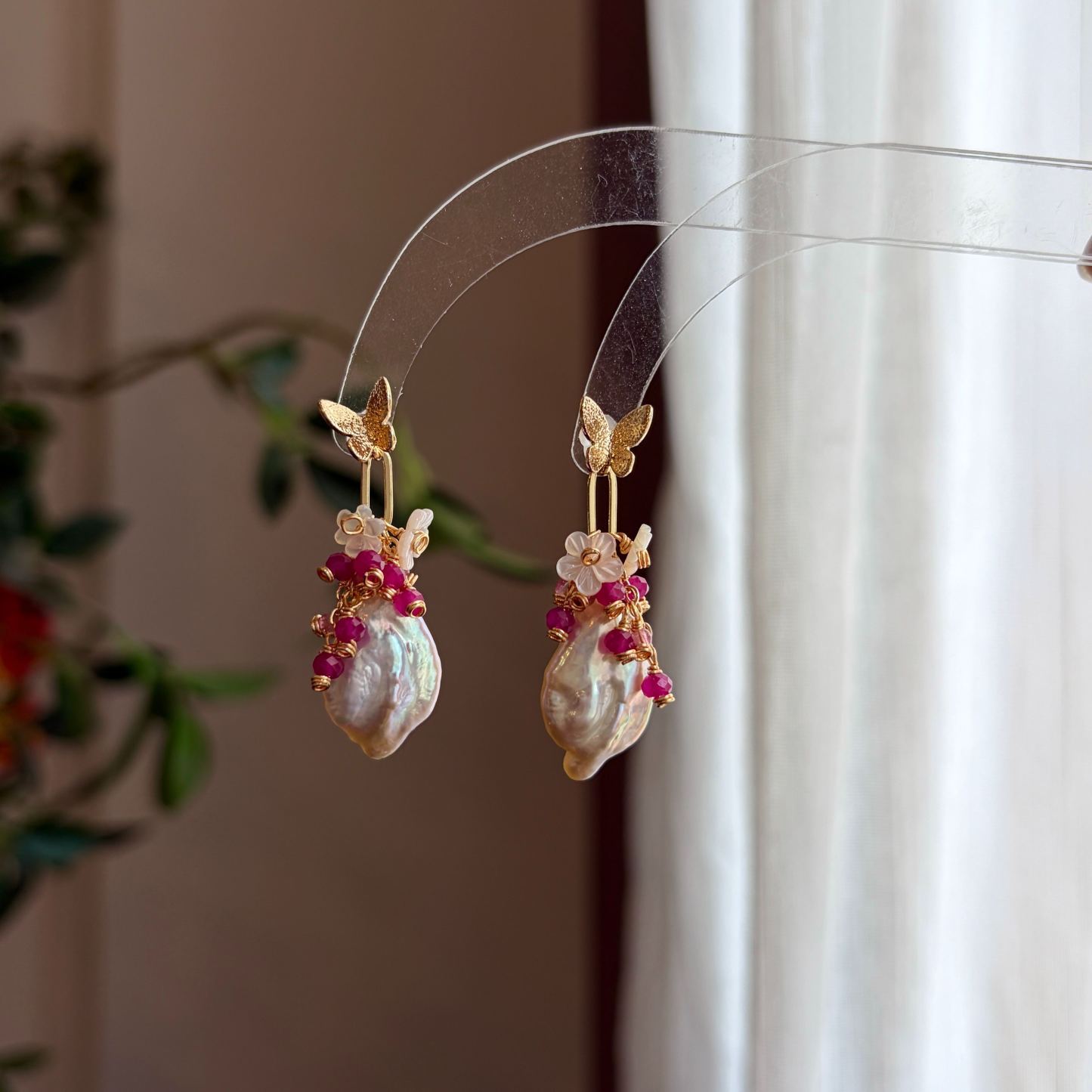 Handmade Baroque Pearl Floral Earrings with Ruby and Pink Tourmaline Cluster