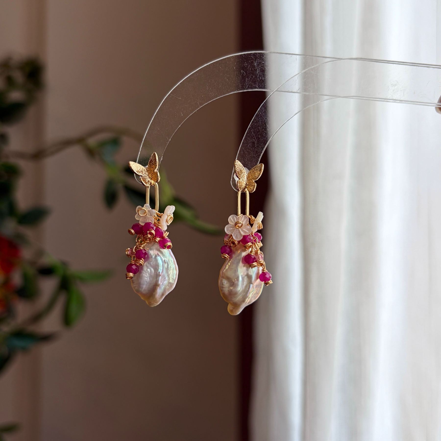 Handmade Baroque Pearl Floral Earrings with Ruby and Pink Tourmaline Cluster