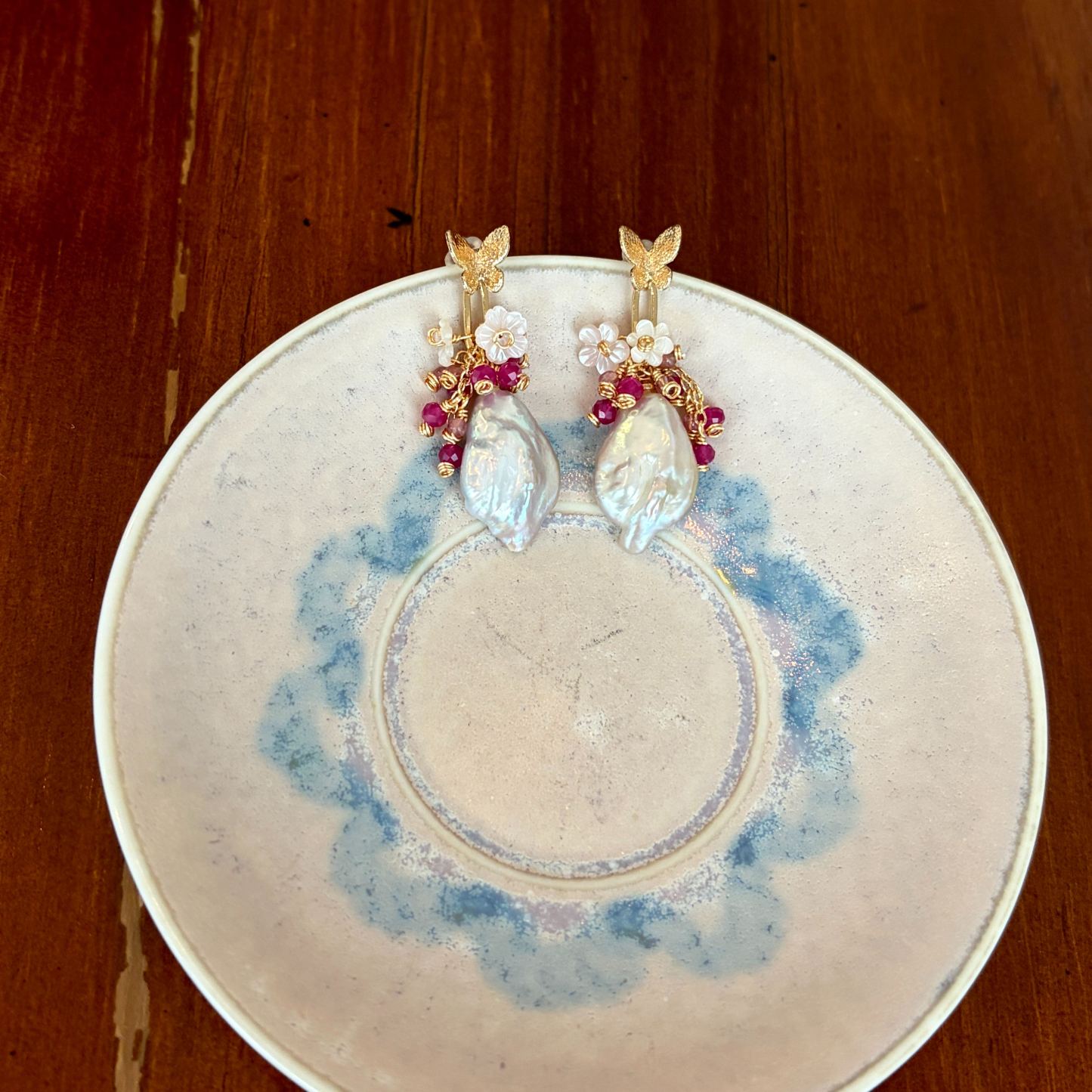 Handmade Baroque Pearl Floral Earrings with Ruby and Pink Tourmaline Cluster