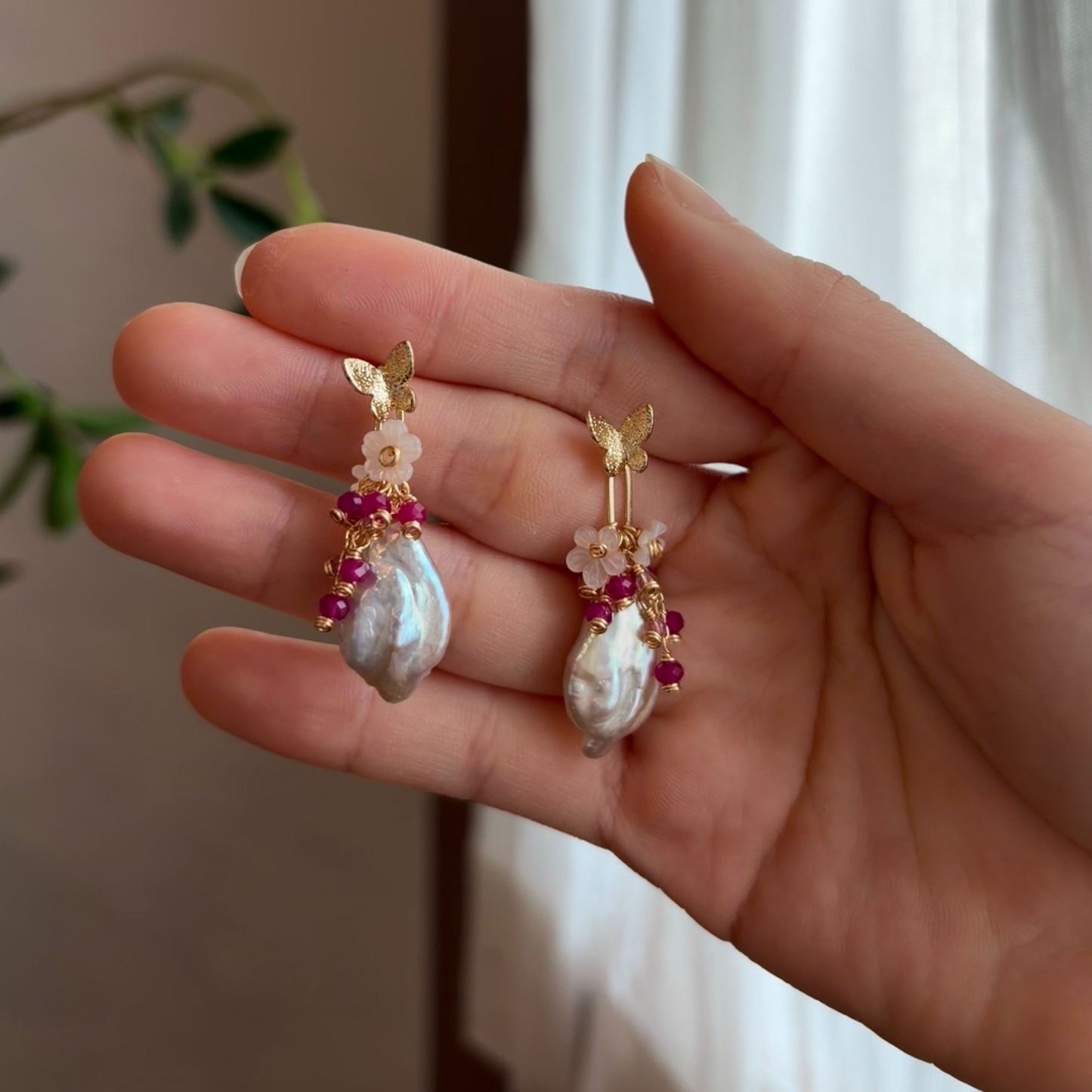 Handmade Baroque Pearl Floral Earrings with Ruby and Pink Tourmaline Cluster