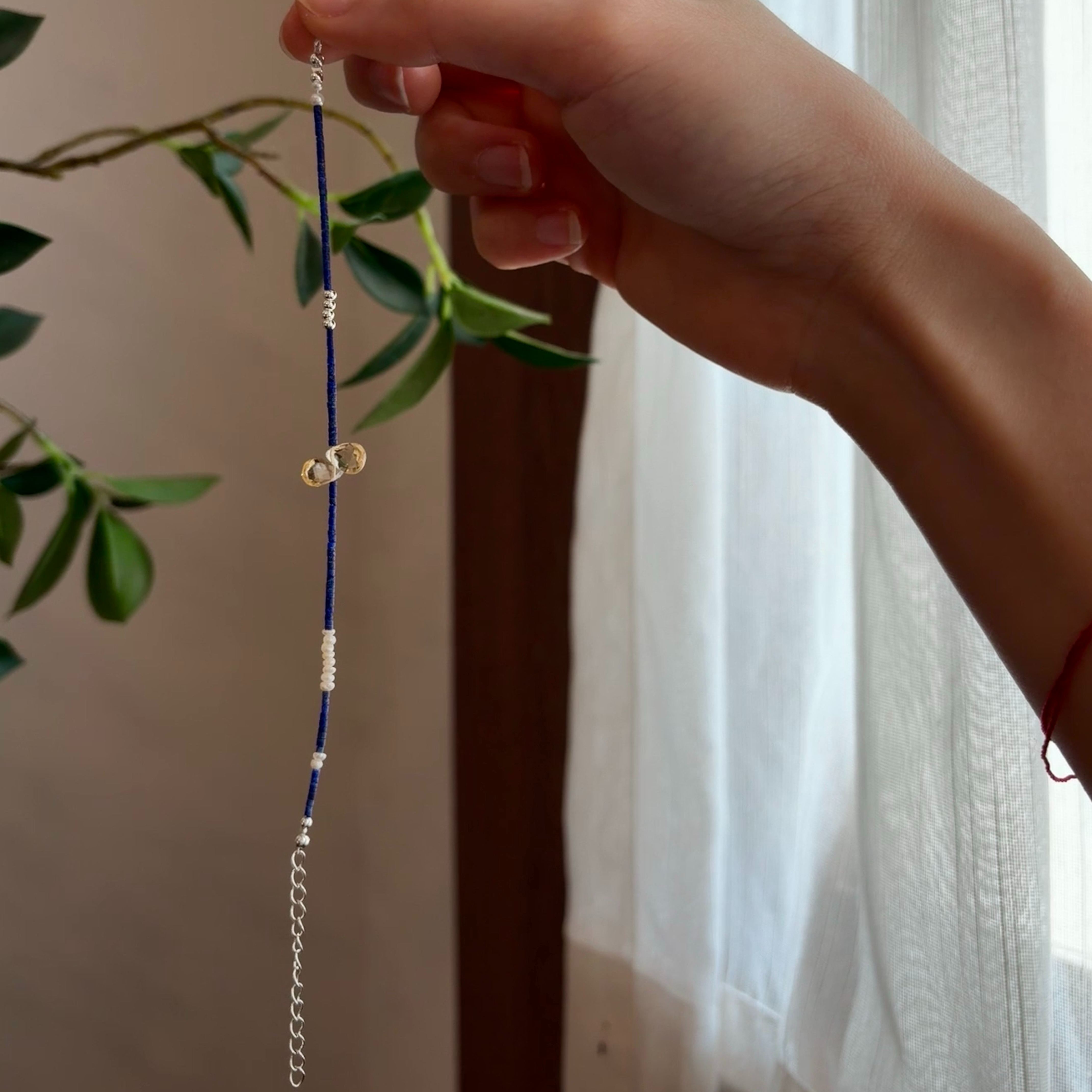 Handmade Tiny Lapis Lazuli and Pearls Bracelet with CitrineTeardrop Charms
