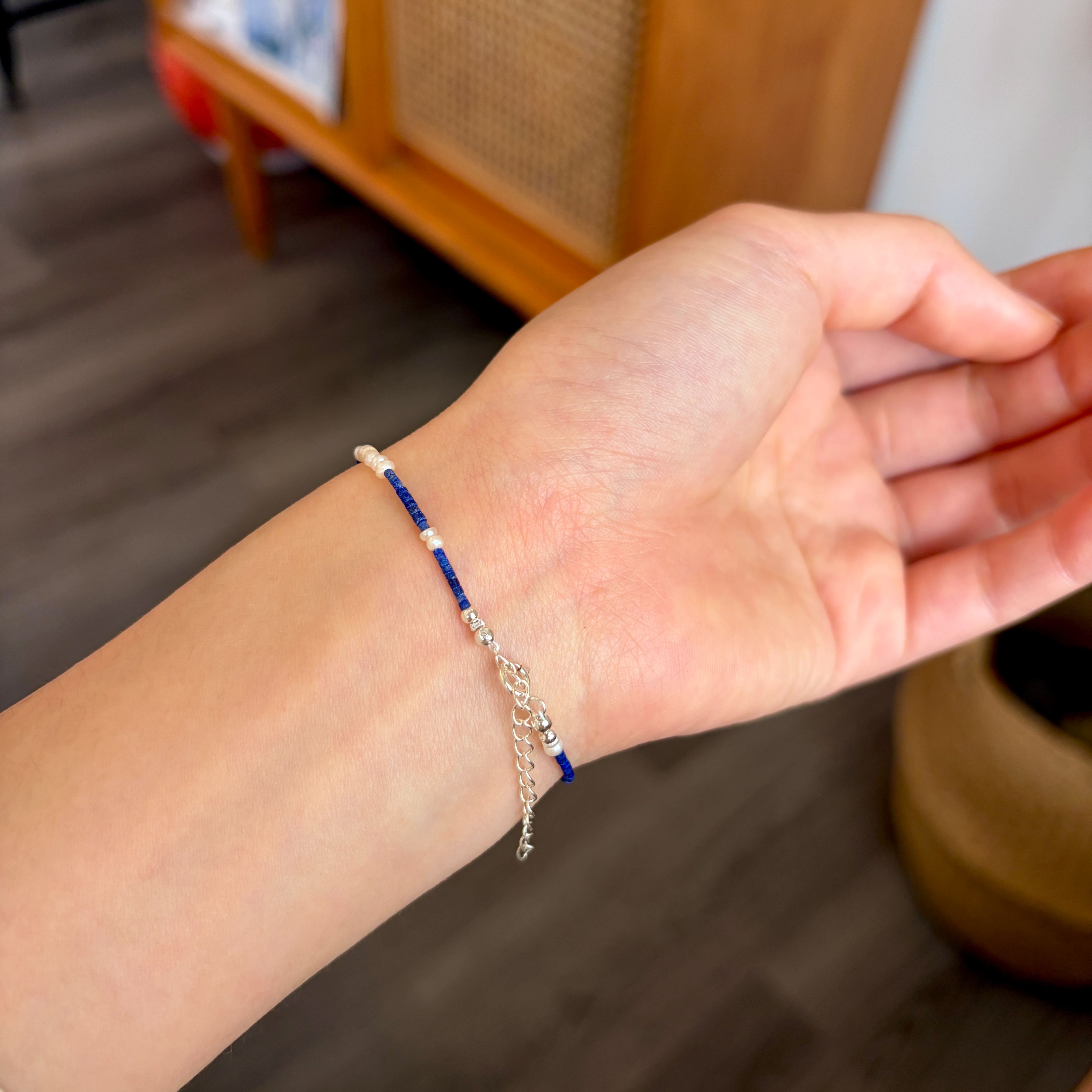 Handmade Tiny Lapis Lazuli and Pearls Bracelet with CitrineTeardrop Charms