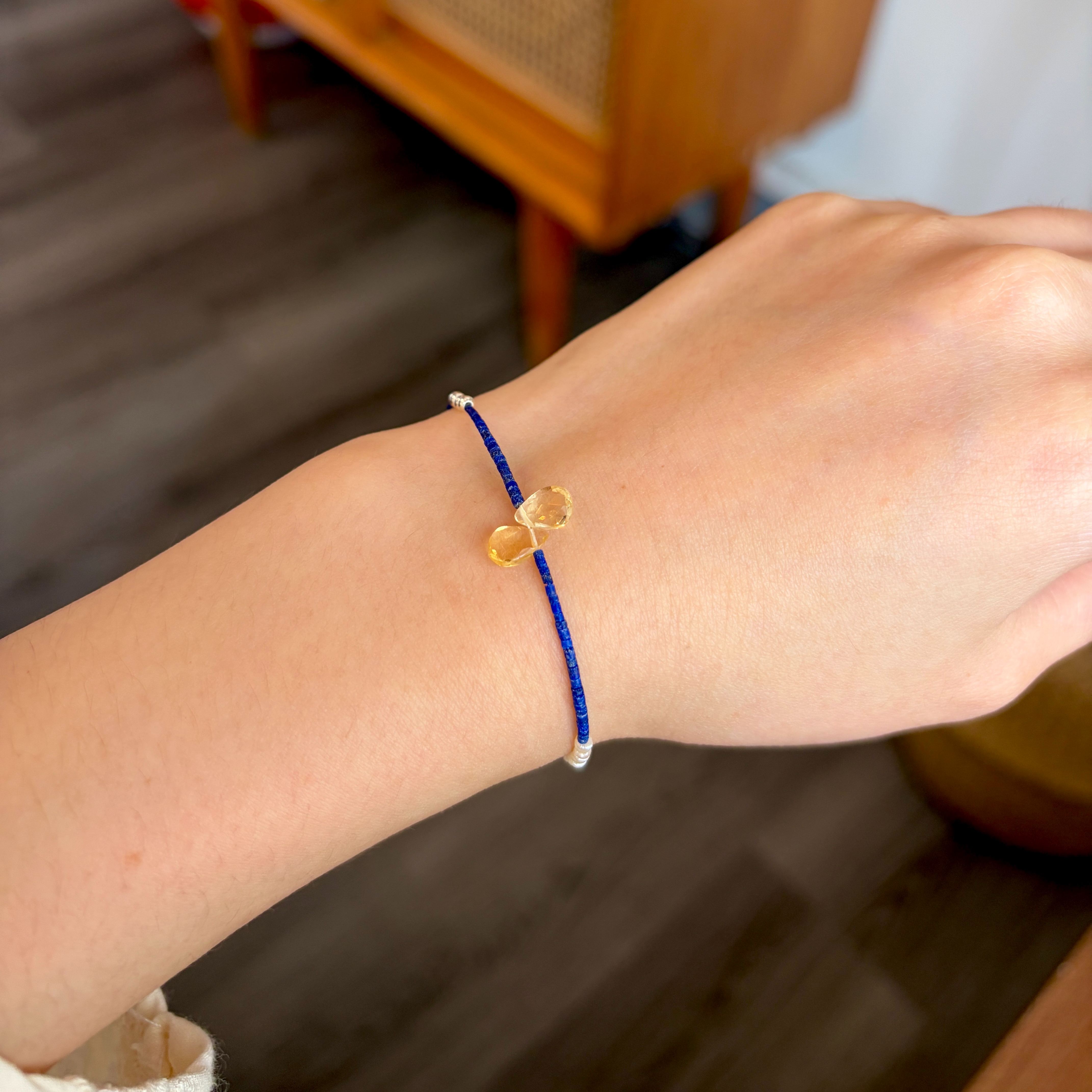 Handmade Tiny Lapis Lazuli and Pearls Bracelet with CitrineTeardrop Charms