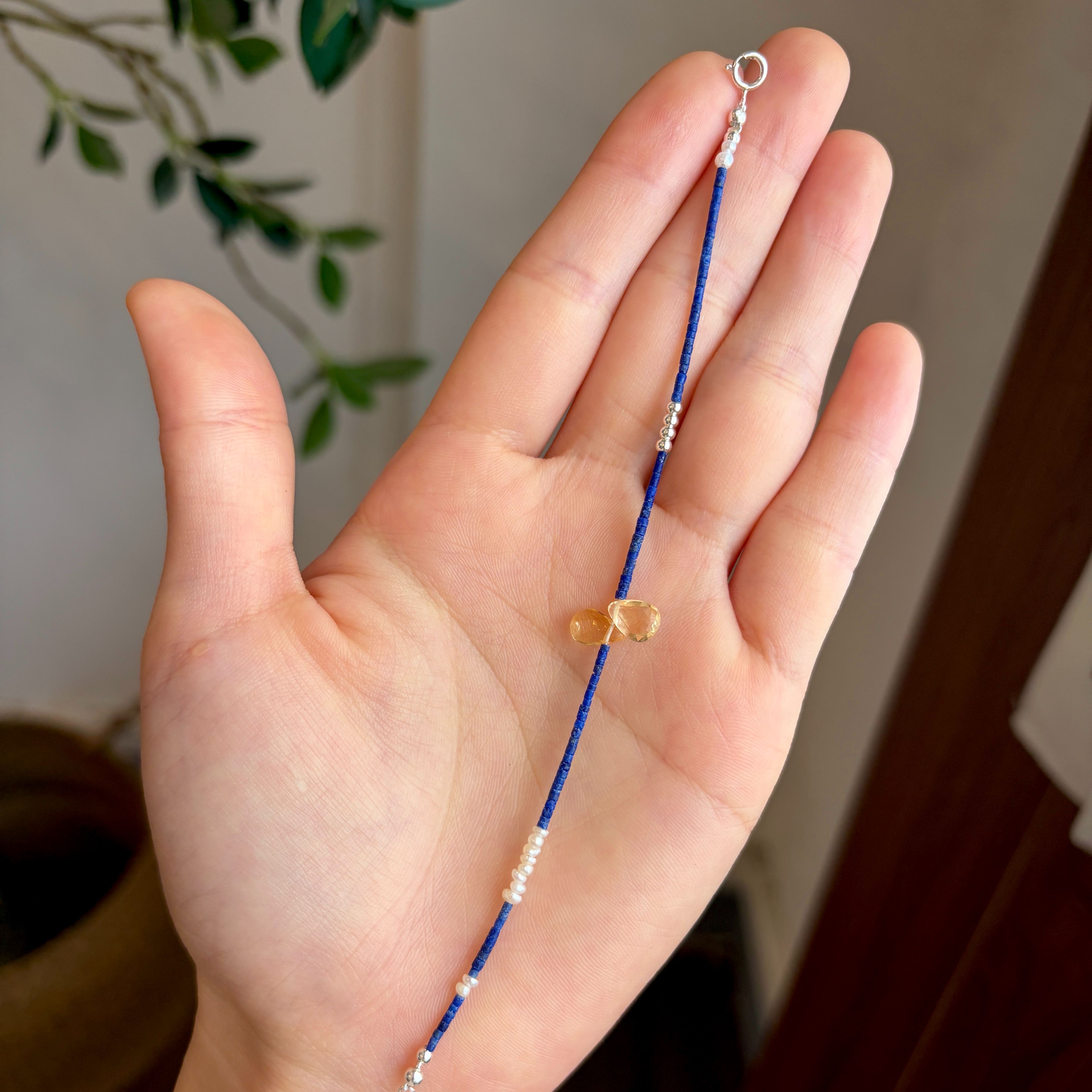 Handmade Tiny Lapis Lazuli and Pearls Bracelet with CitrineTeardrop Charms
