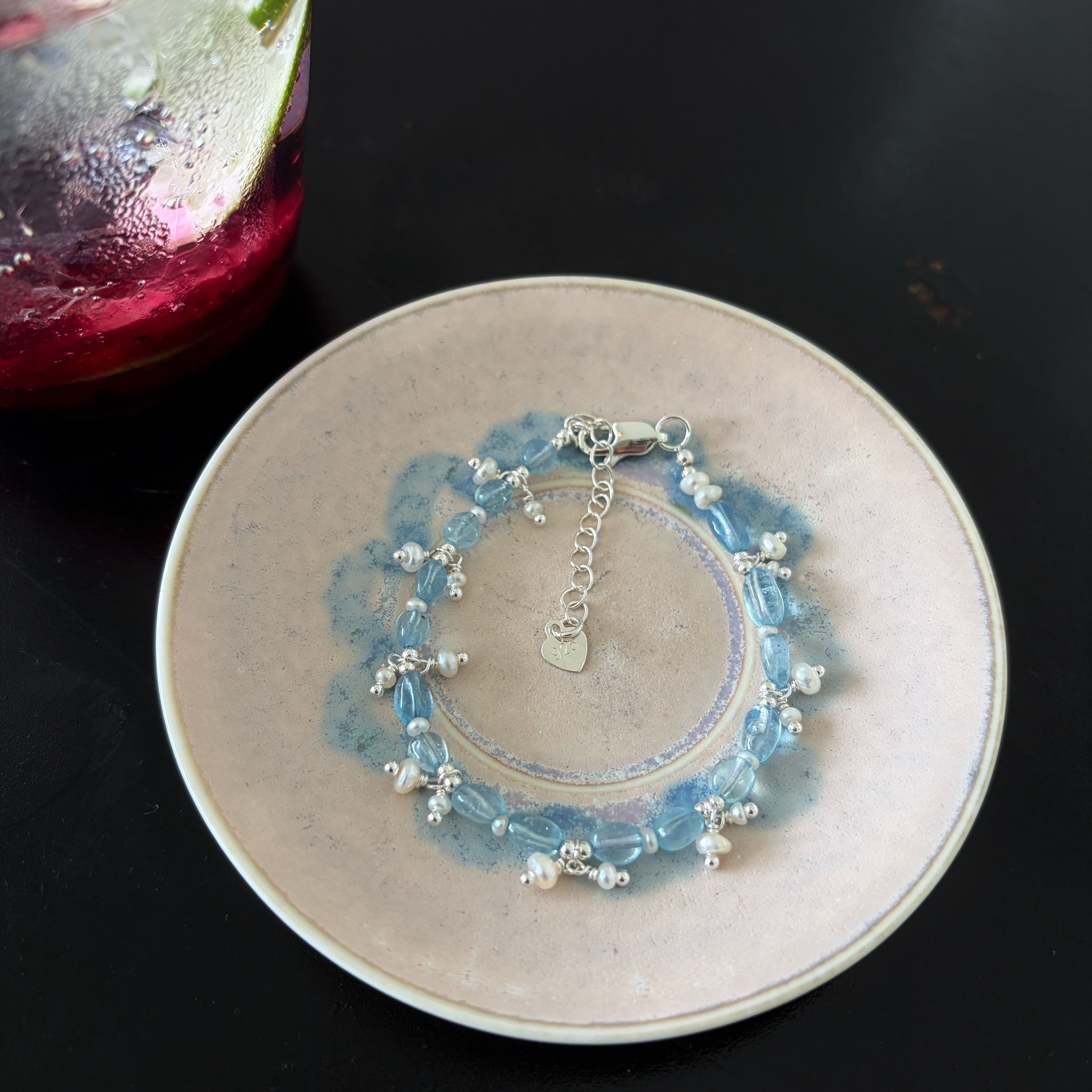 Handmade Misty Ocean Inspired Irregular Aquamarine Bracelet with Pearls Charms