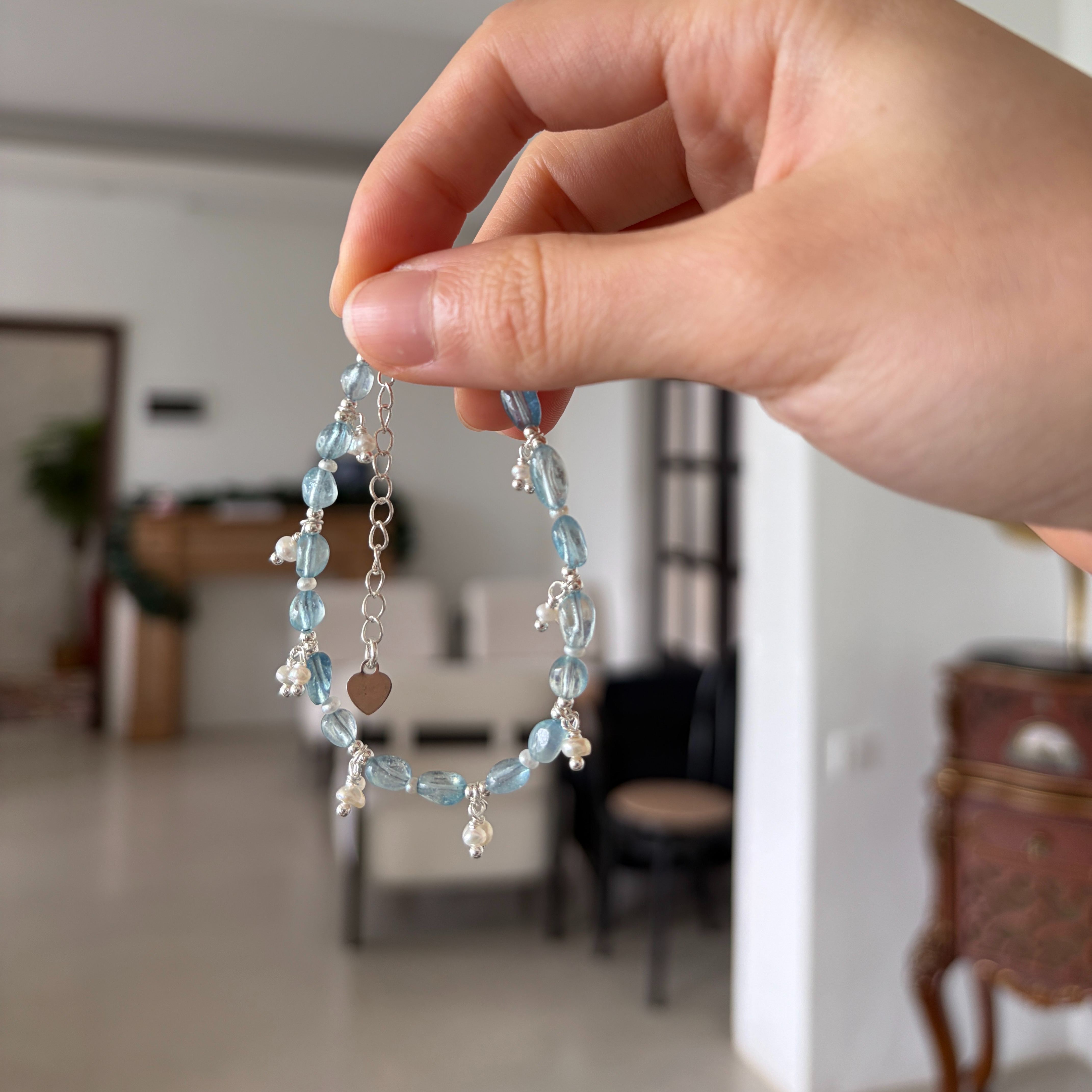 Handmade Misty Ocean Inspired Irregular Aquamarine Bracelet with Pearls Charms