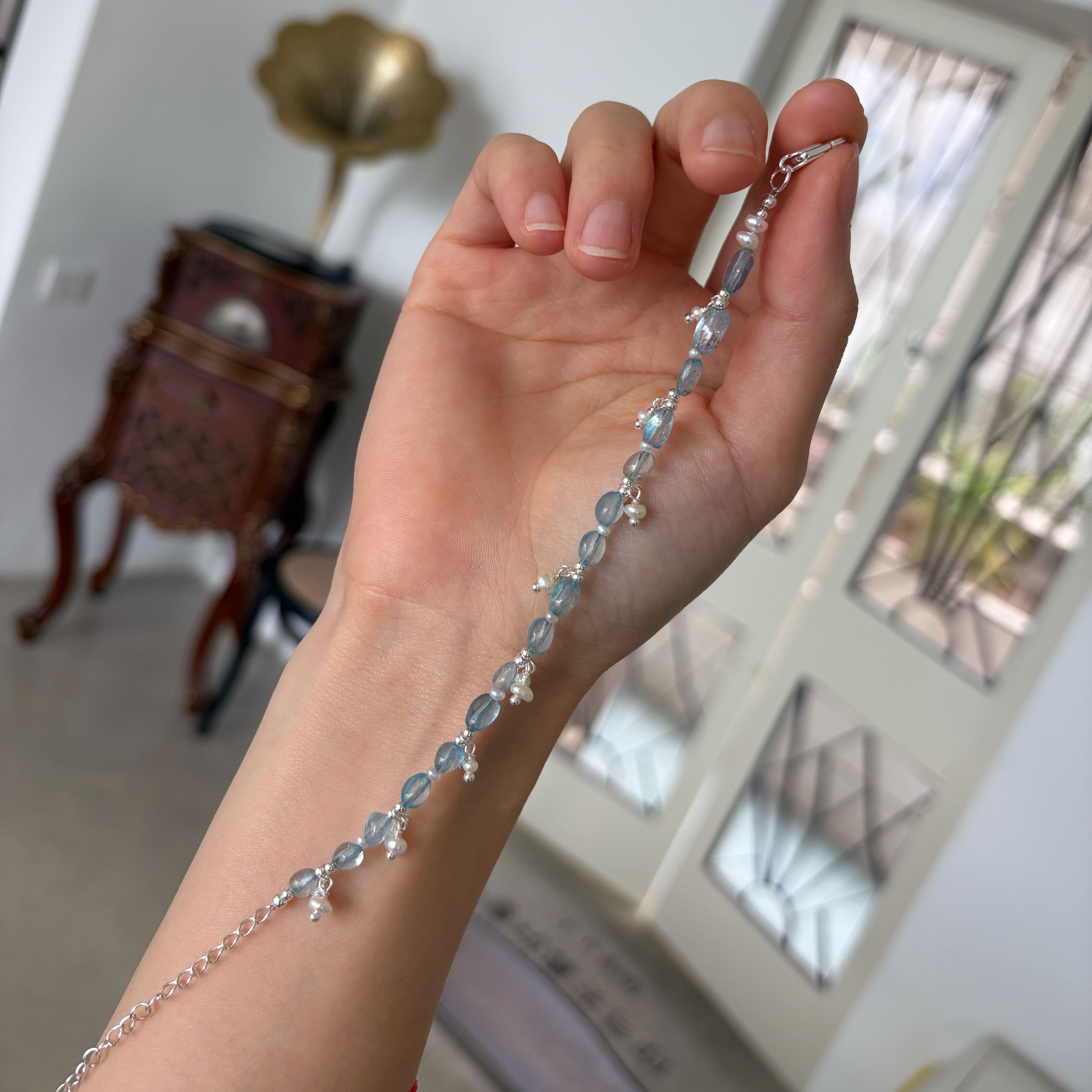 Handmade Misty Ocean Inspired Irregular Aquamarine Bracelet with Pearls Charms