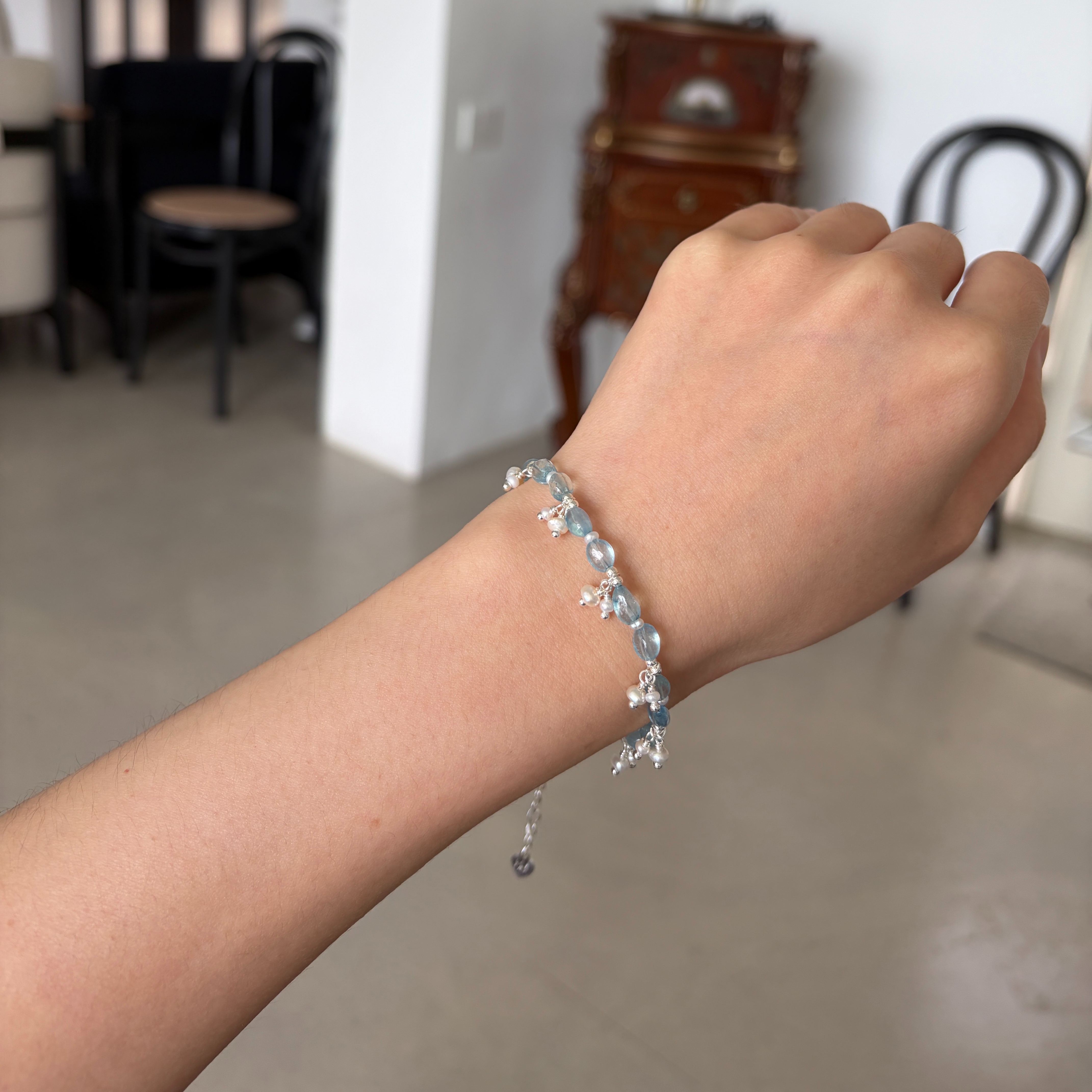 Handmade Misty Ocean Inspired Irregular Aquamarine Bracelet with Pearls Charms