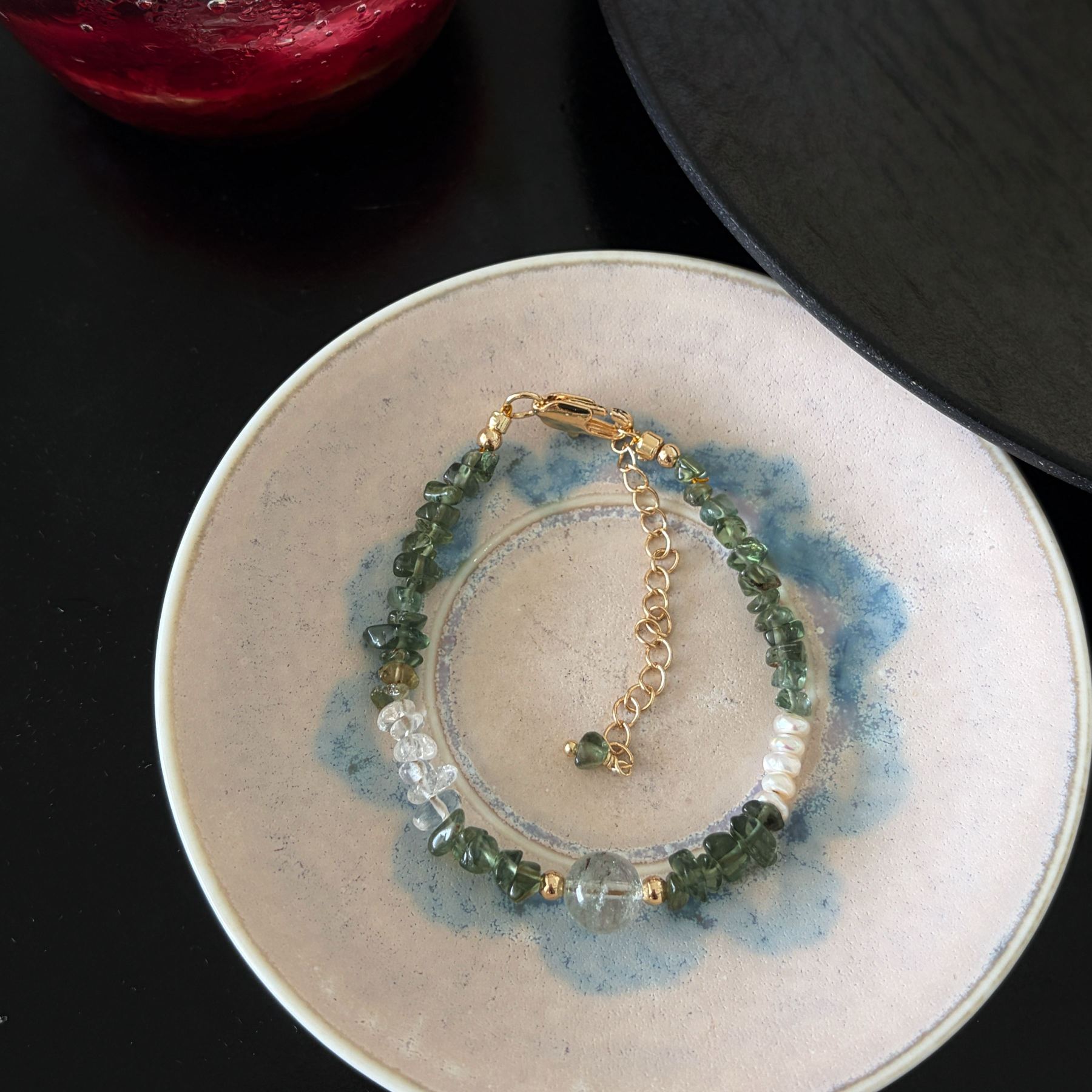 Handmade Summer Forest Bracelet Green Phantom Quartz Green Apatite Clear Quartz and Pearl