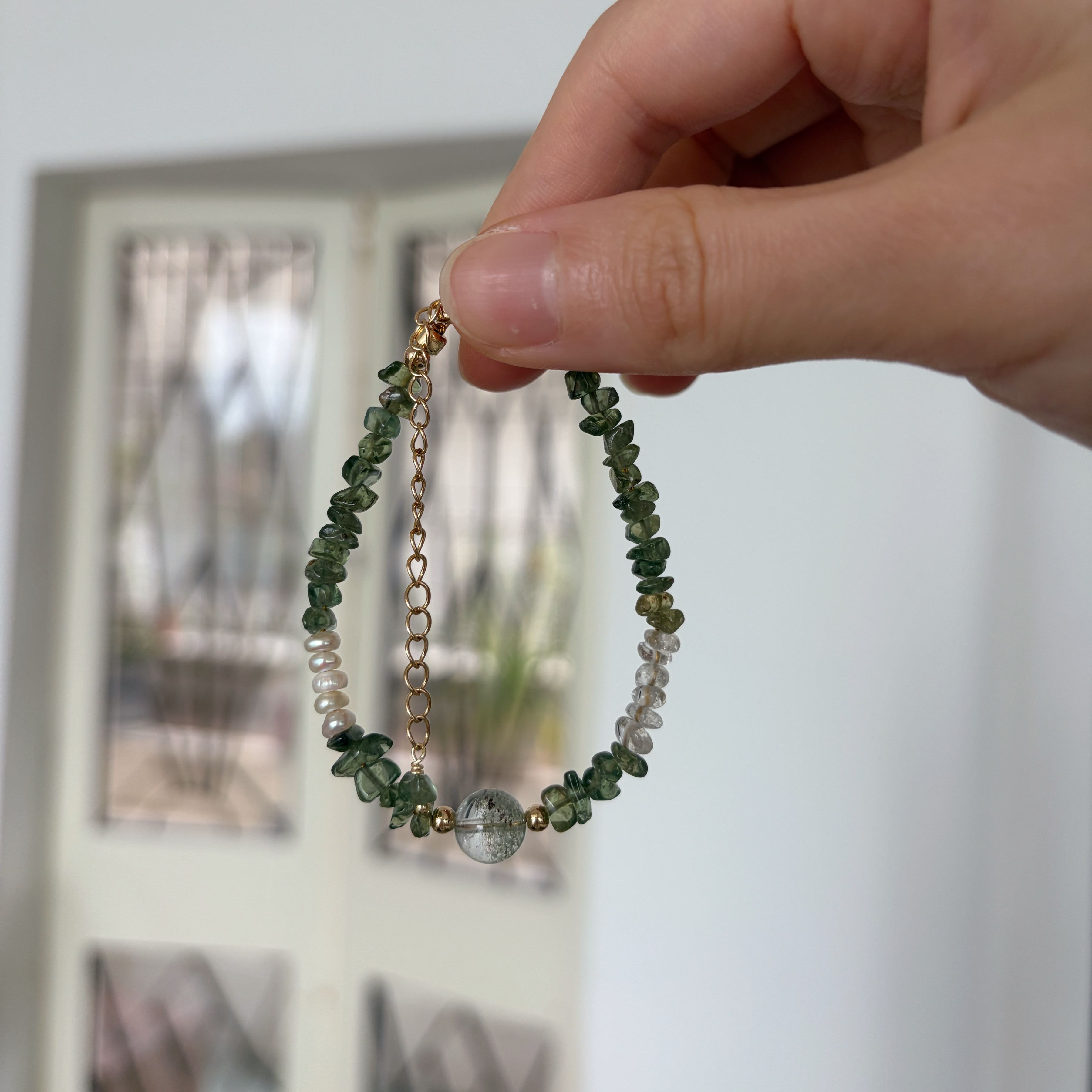 Handmade Summer Forest Bracelet Green Phantom Quartz Green Apatite Clear Quartz and Pearl