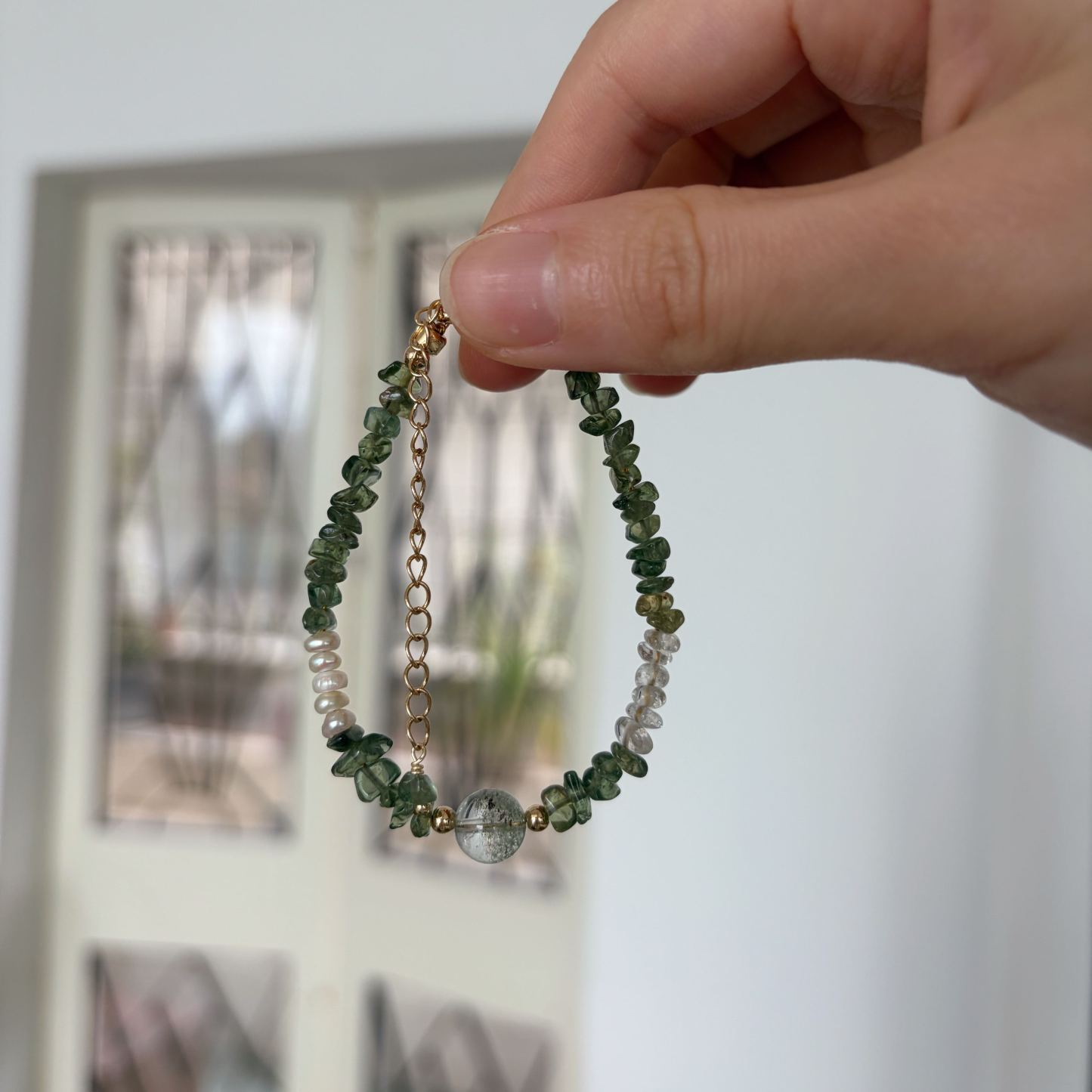 Handmade Summer Forest Bracelet Green Phantom Quartz Green Apatite Clear Quartz and Pearl