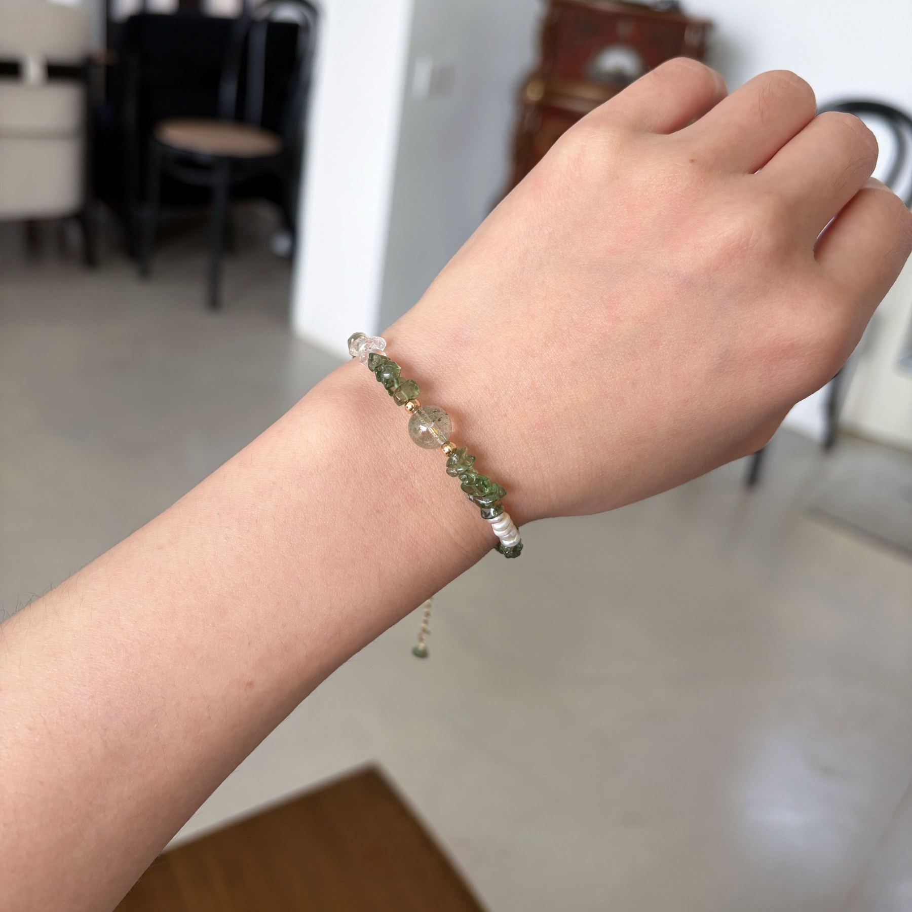 Handmade Summer Forest Bracelet Green Phantom Quartz Green Apatite Clear Quartz and Pearl