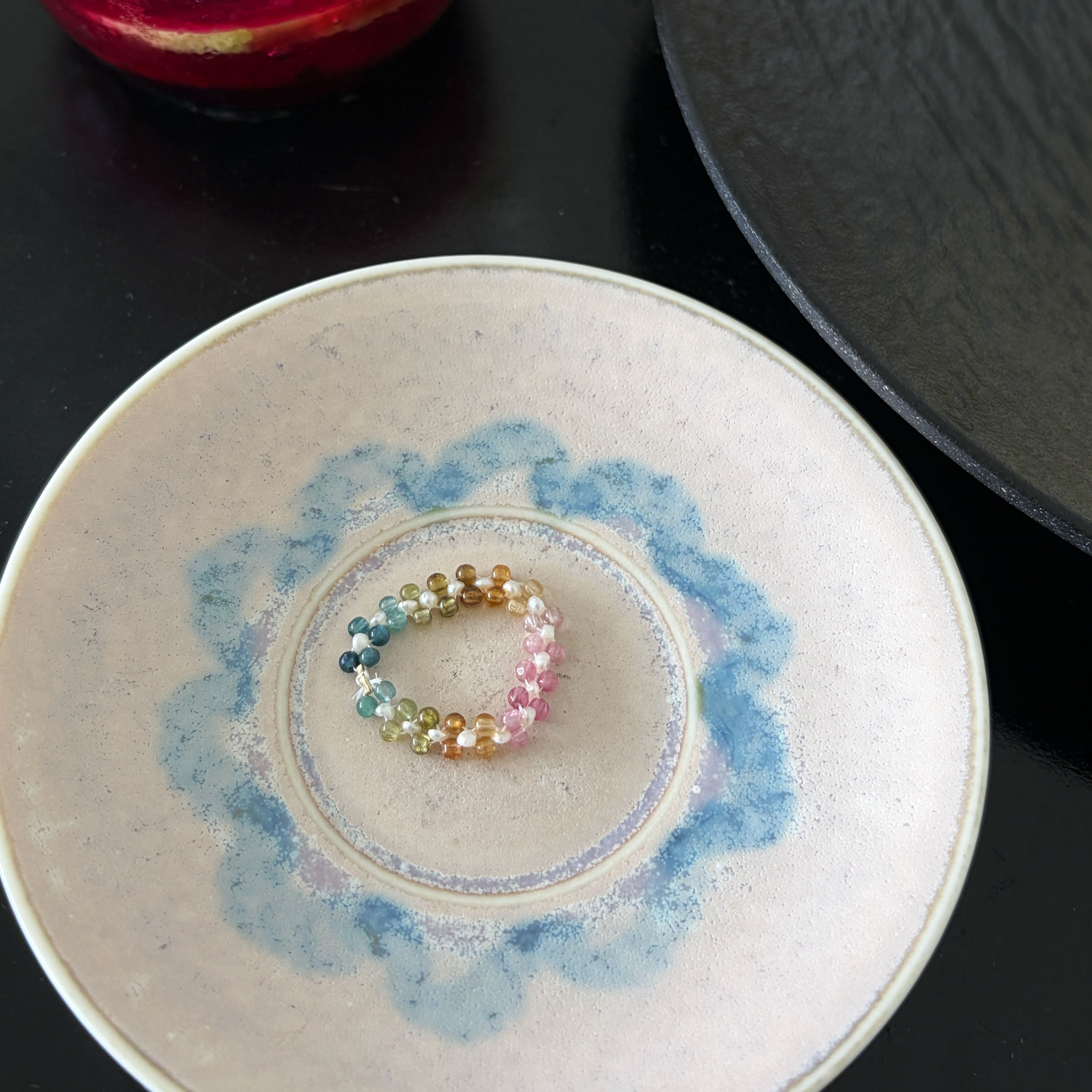 Handmade Tourmaline and Pearls Beaded Ring Dainty Stackable Ring