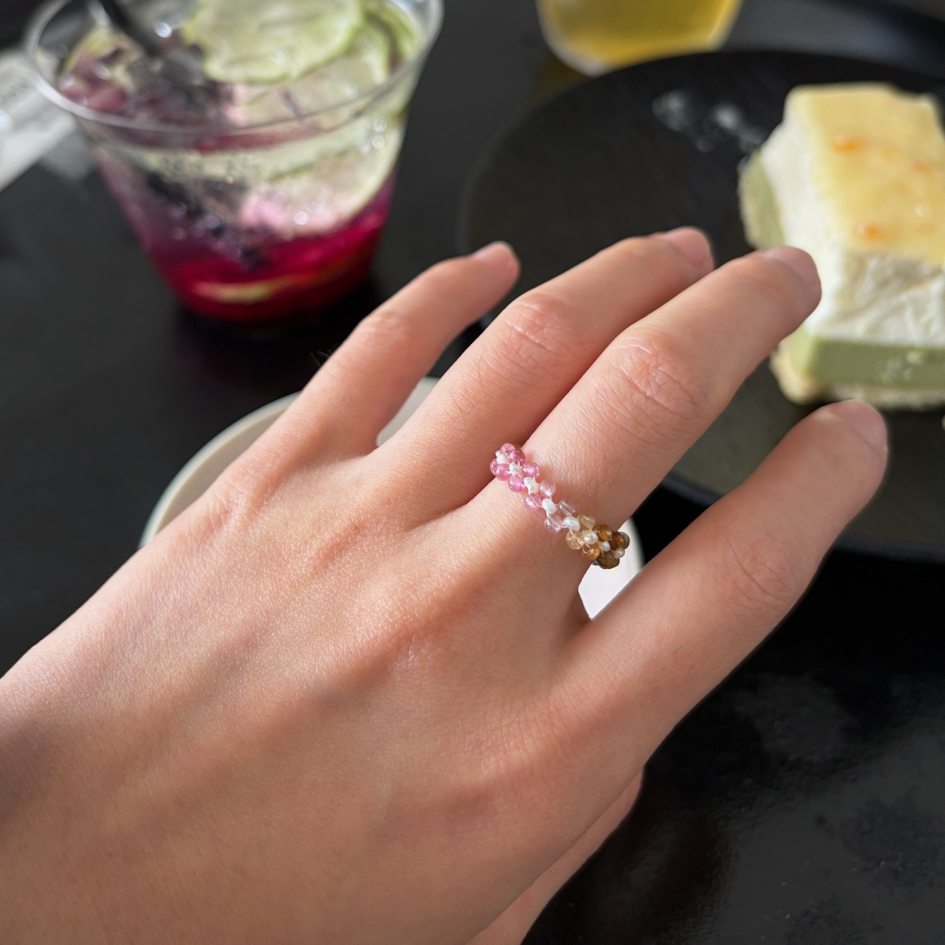 Handmade Tourmaline and Pearls Beaded Ring Dainty Stackable Ring