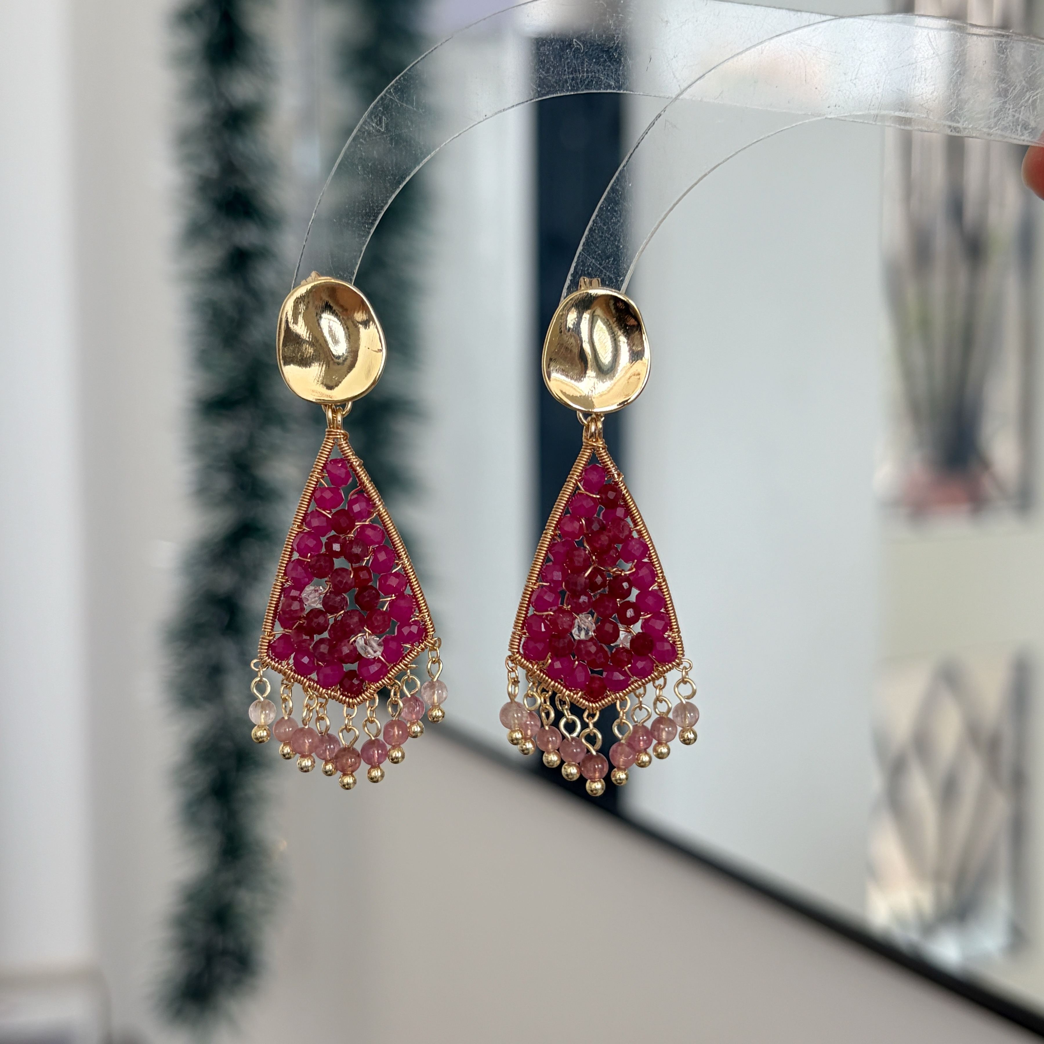 Handmade Ruby and Herkimer Diamond Wire Wrapped Statement Earrings with Pink Tourmaline Tassel