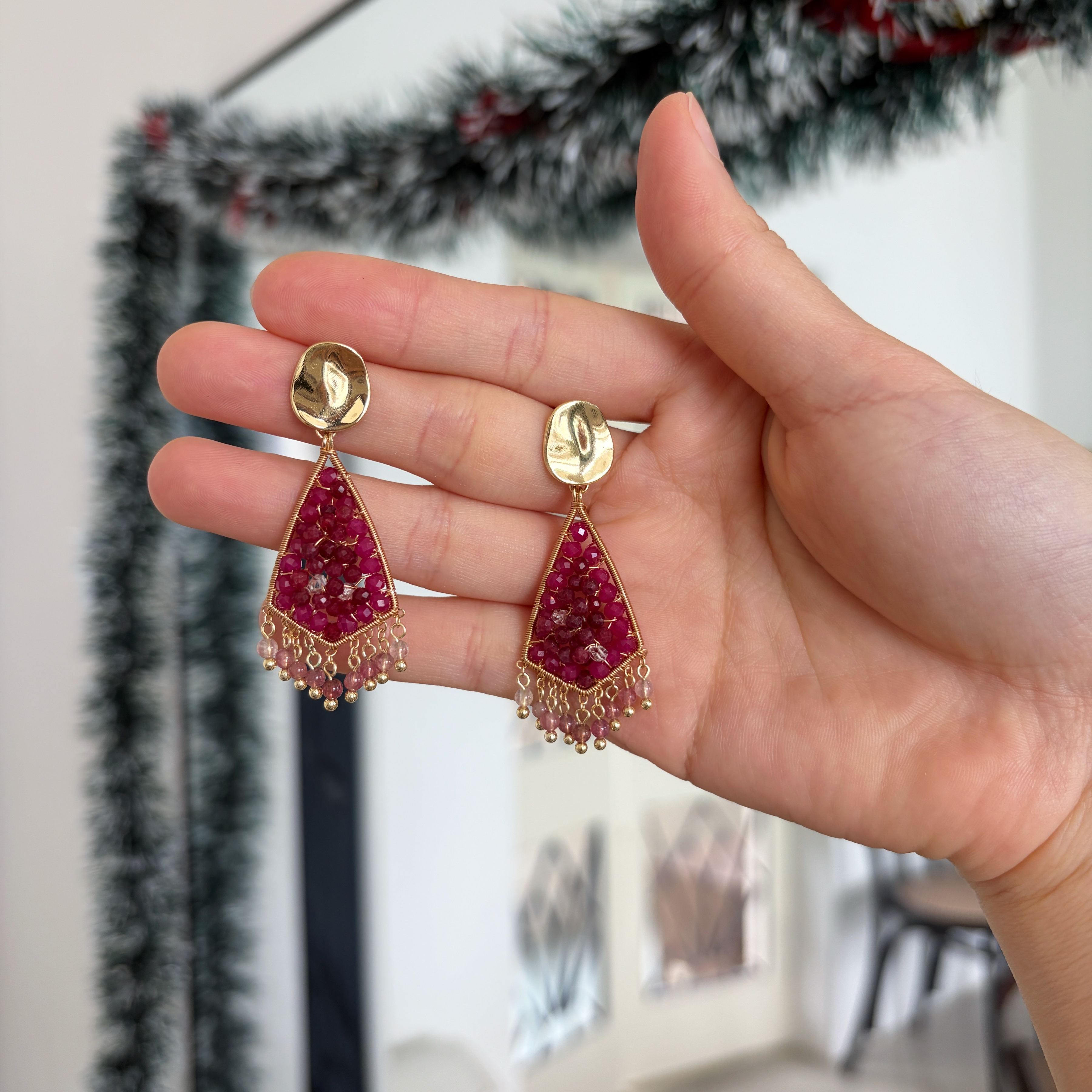 Handmade Ruby and Herkimer Diamond Wire Wrapped Statement Earrings with Pink Tourmaline Tassel