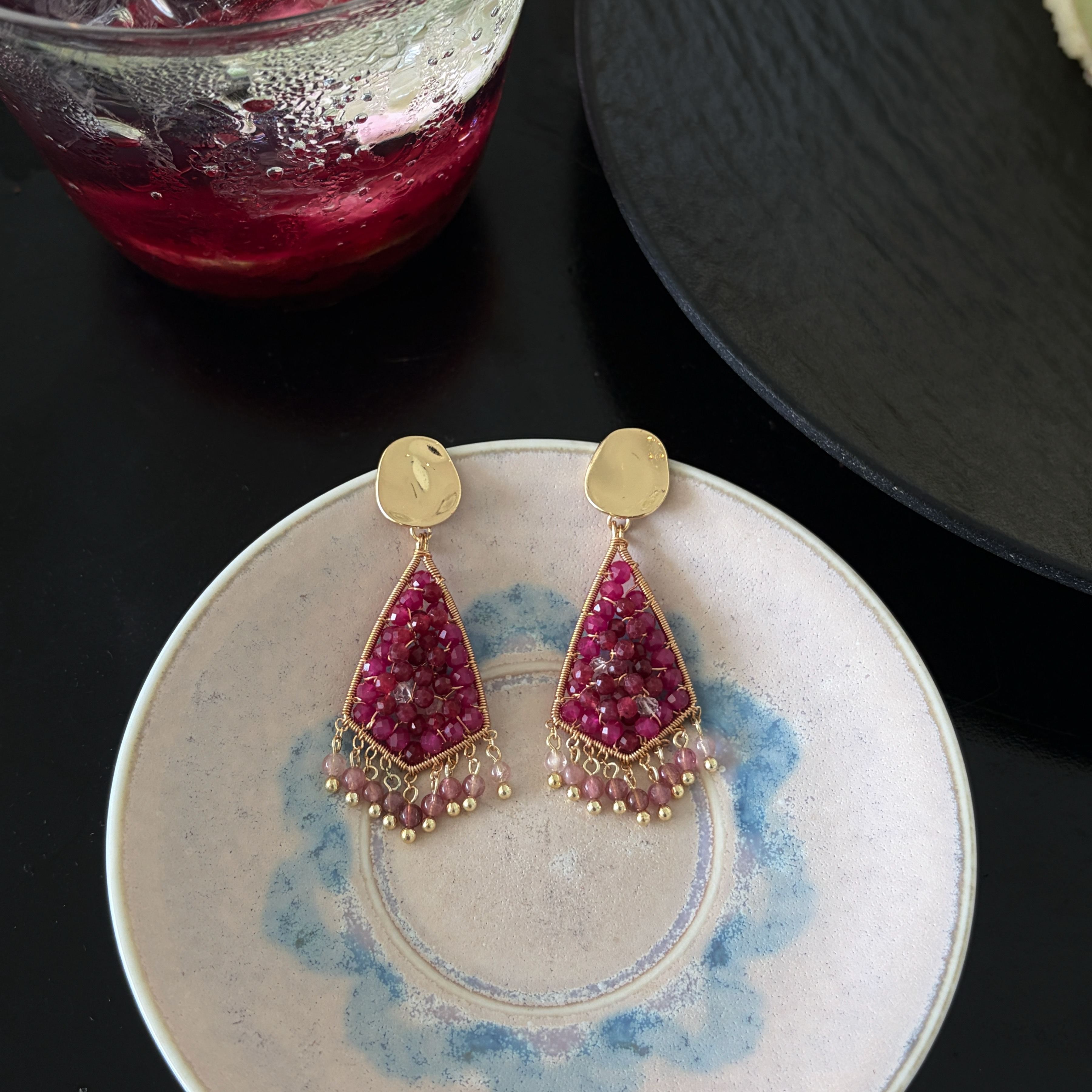 Handmade Ruby and Herkimer Diamond Wire Wrapped Statement Earrings with Pink Tourmaline Tassel