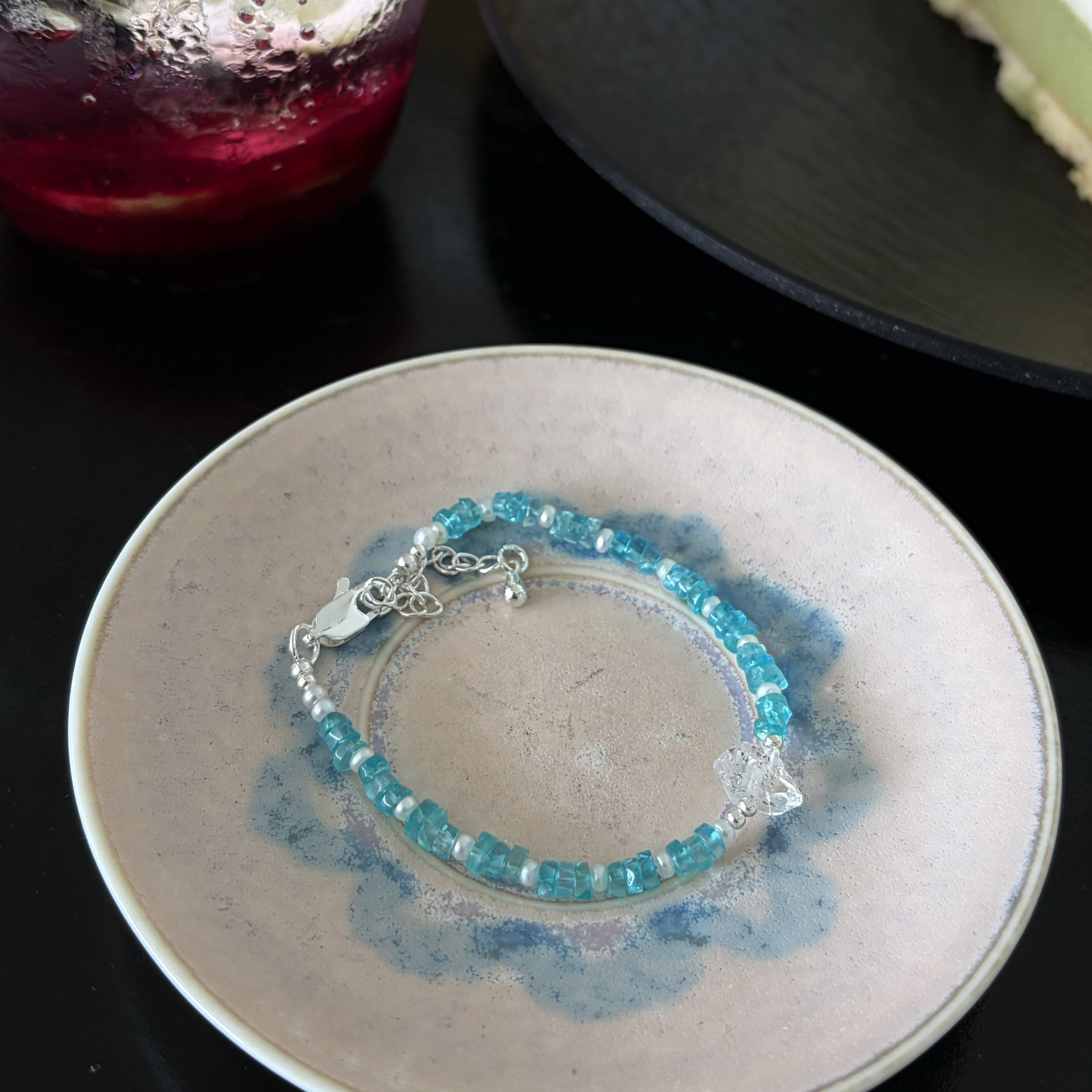 One of Kind Handmade Blue Apatite and Pearl Bracelet with Herkimer Diamond  Centre