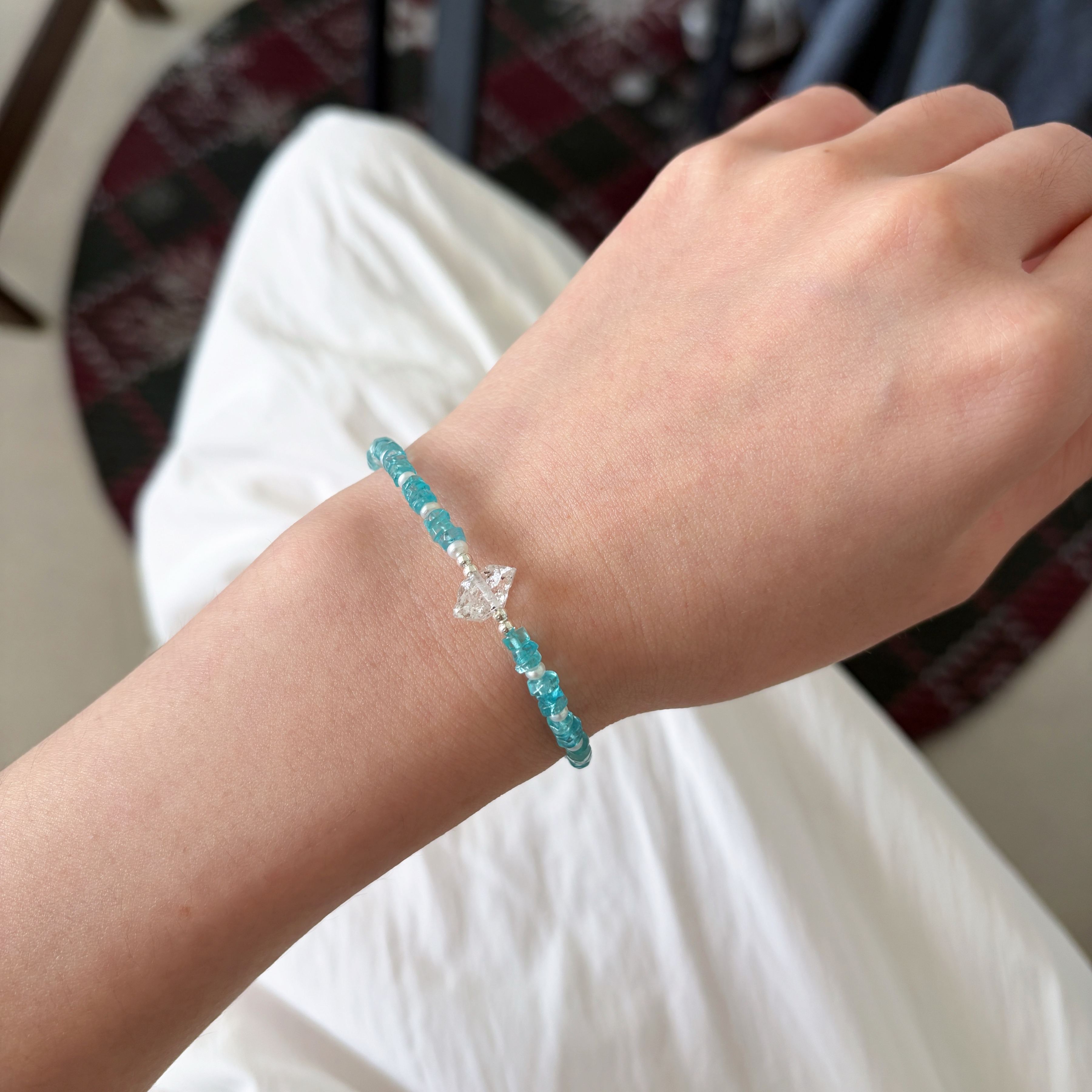One of Kind Handmade Blue Apatite and Pearl Bracelet with Herkimer Diamond  Centre