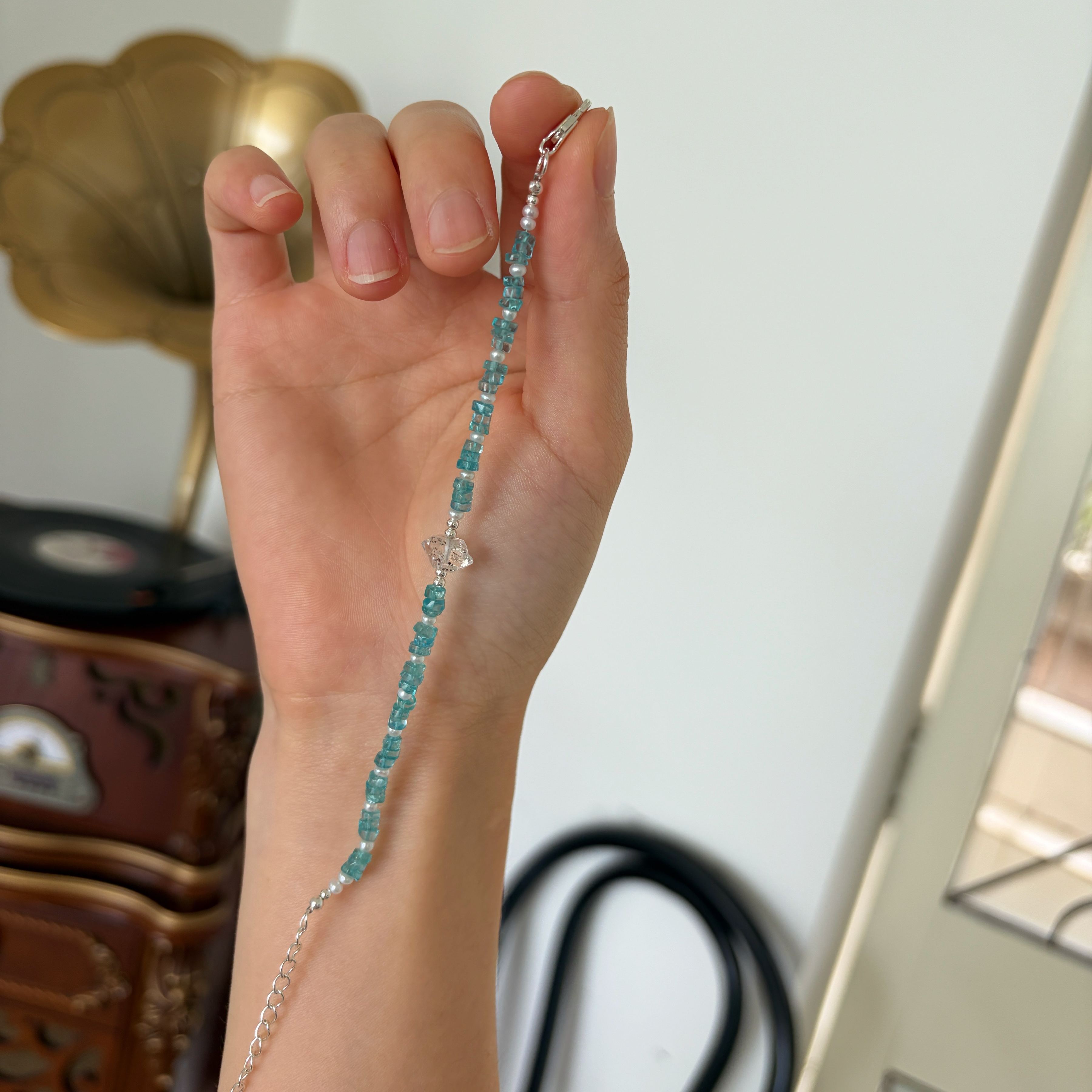 One of Kind Handmade Blue Apatite and Pearl Bracelet with Herkimer Diamond  Centre