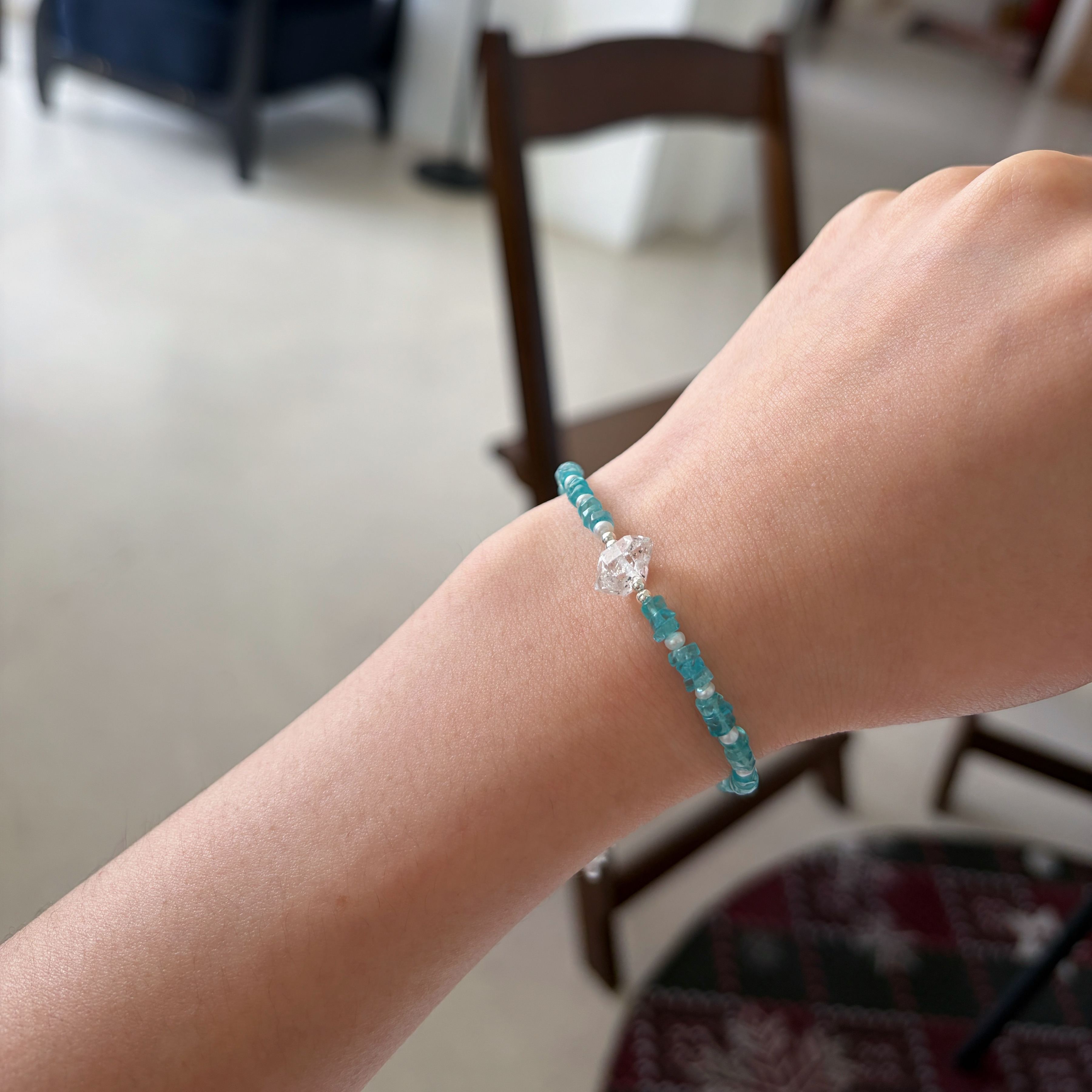 One of Kind Handmade Blue Apatite and Pearl Bracelet with Herkimer Diamond  Centre