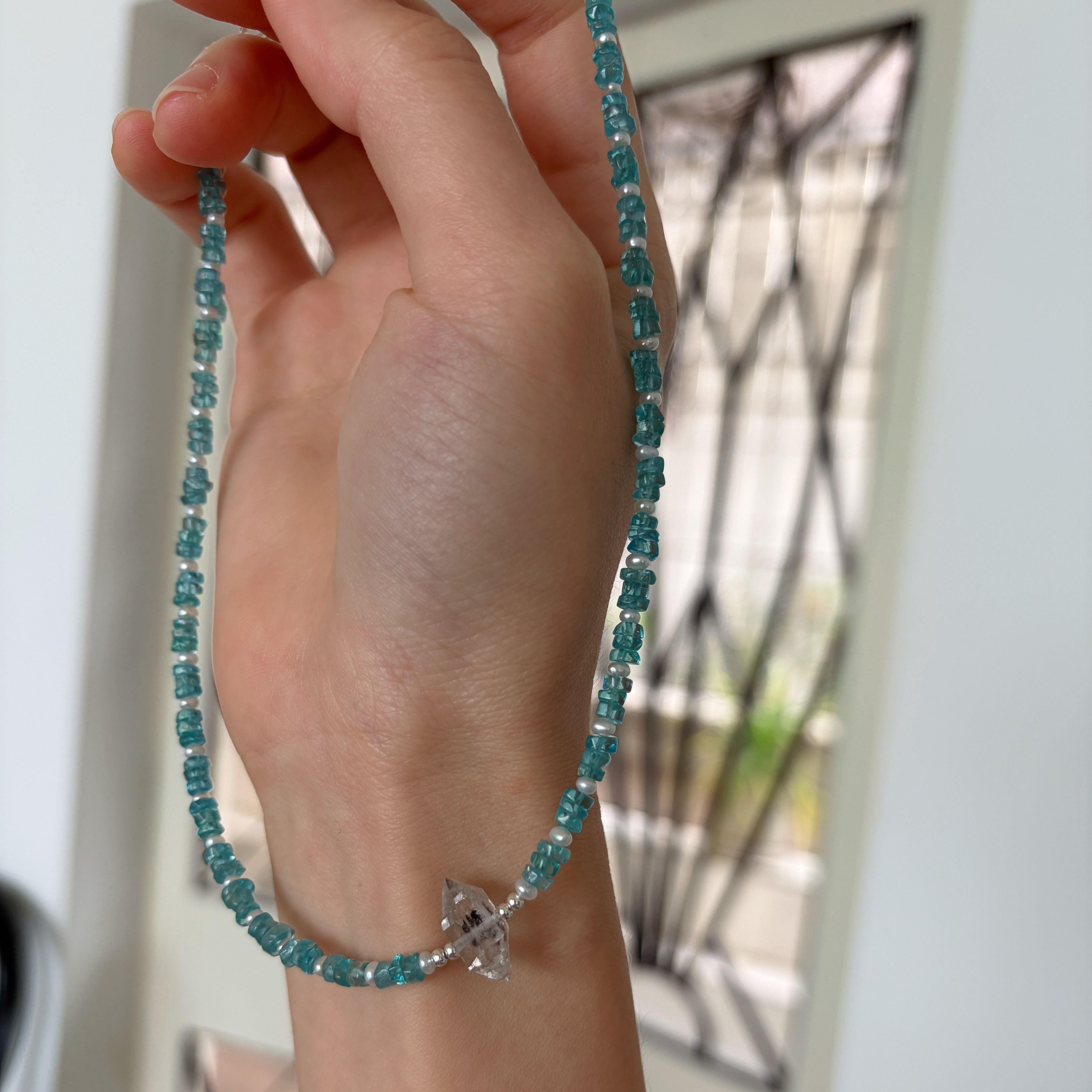 One of a Kind Handmade Blue Apatite and Pearls Necklace with Herkimer Diamond Centre