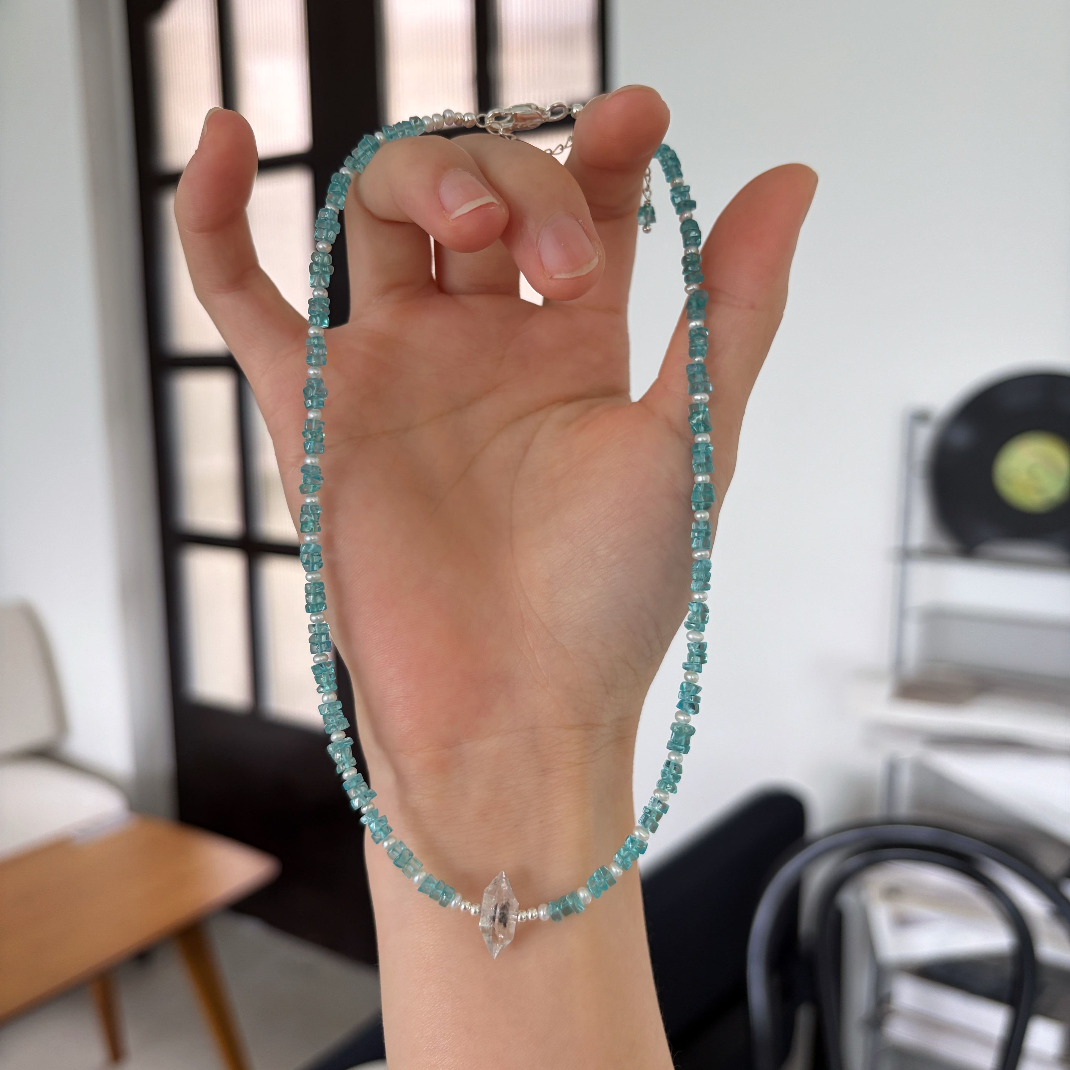 One of a Kind Handmade Blue Apatite and Pearls Necklace with Herkimer Diamond Centre