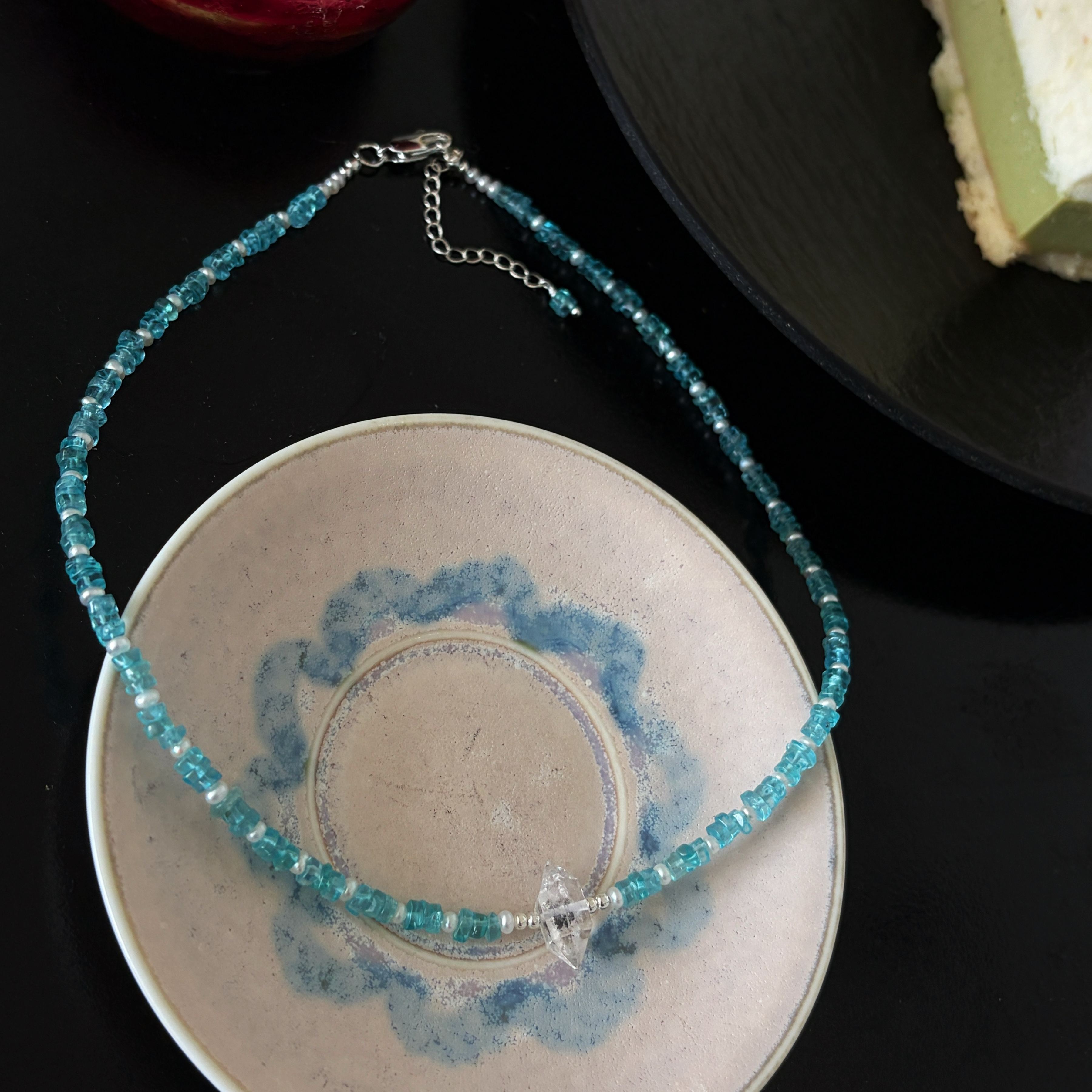 One of a Kind Handmade Blue Apatite and Pearls Necklace with Herkimer Diamond Centre