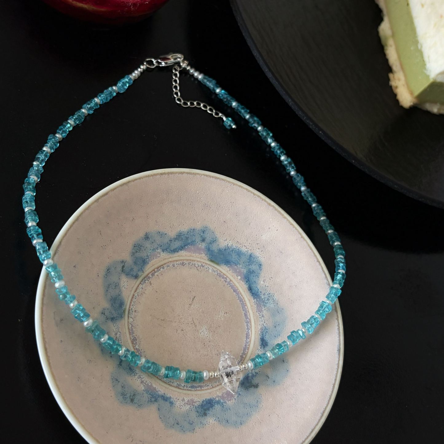 One of a Kind Handmade Blue Apatite and Pearls Necklace with Herkimer Diamond Centre