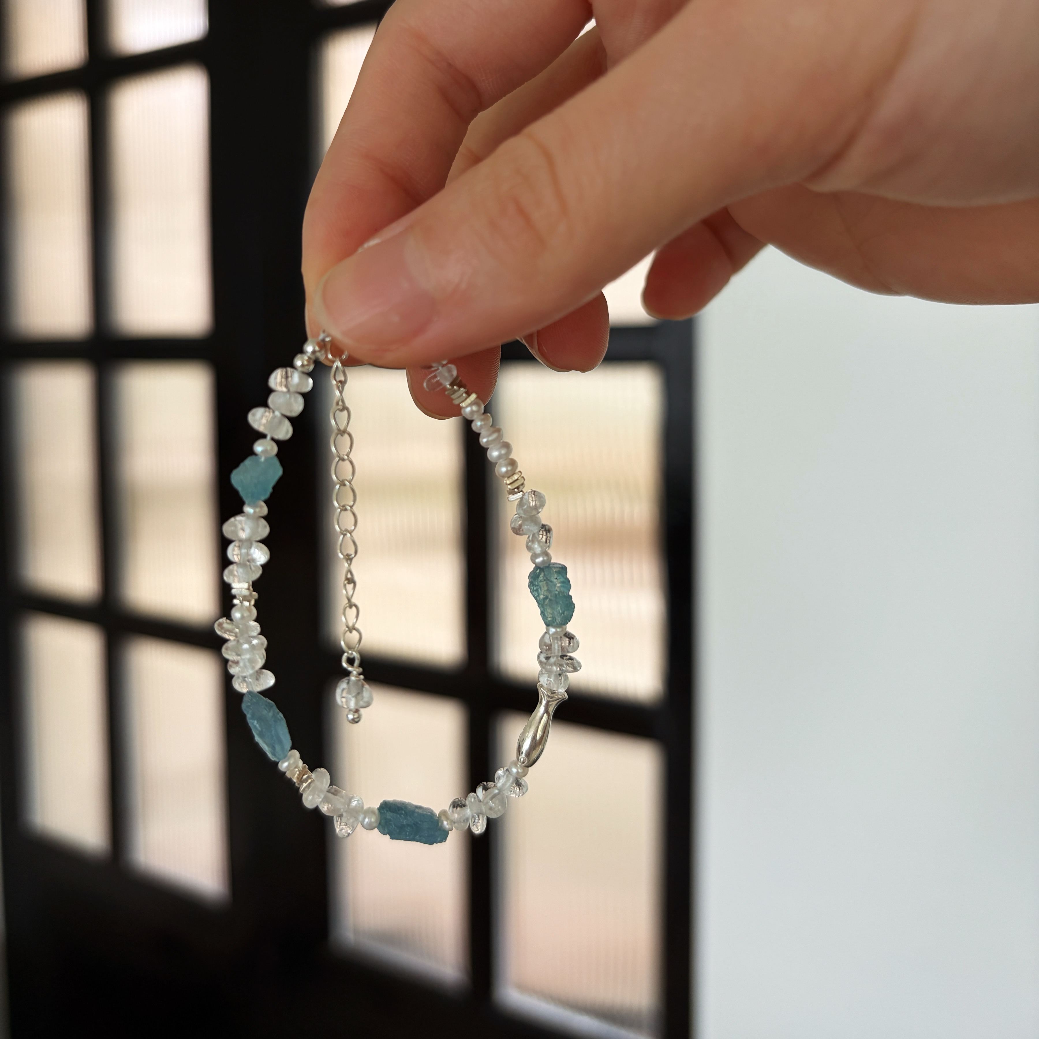 One of a Kind Aquamarine and Clear Quartz Bracelet with Sterling Silver Fish Charm