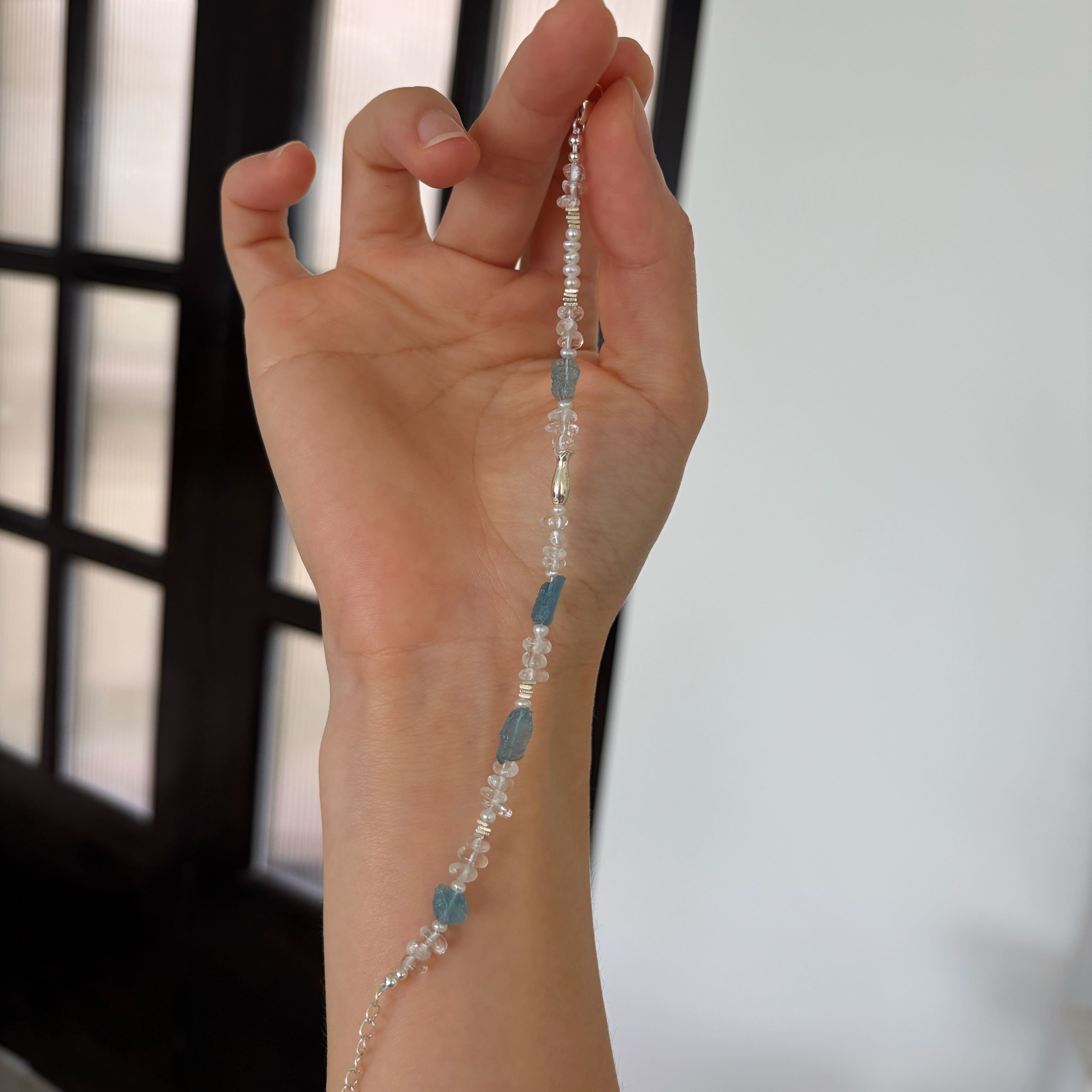 One of a Kind Aquamarine and Clear Quartz Bracelet with Sterling Silver Fish Charm