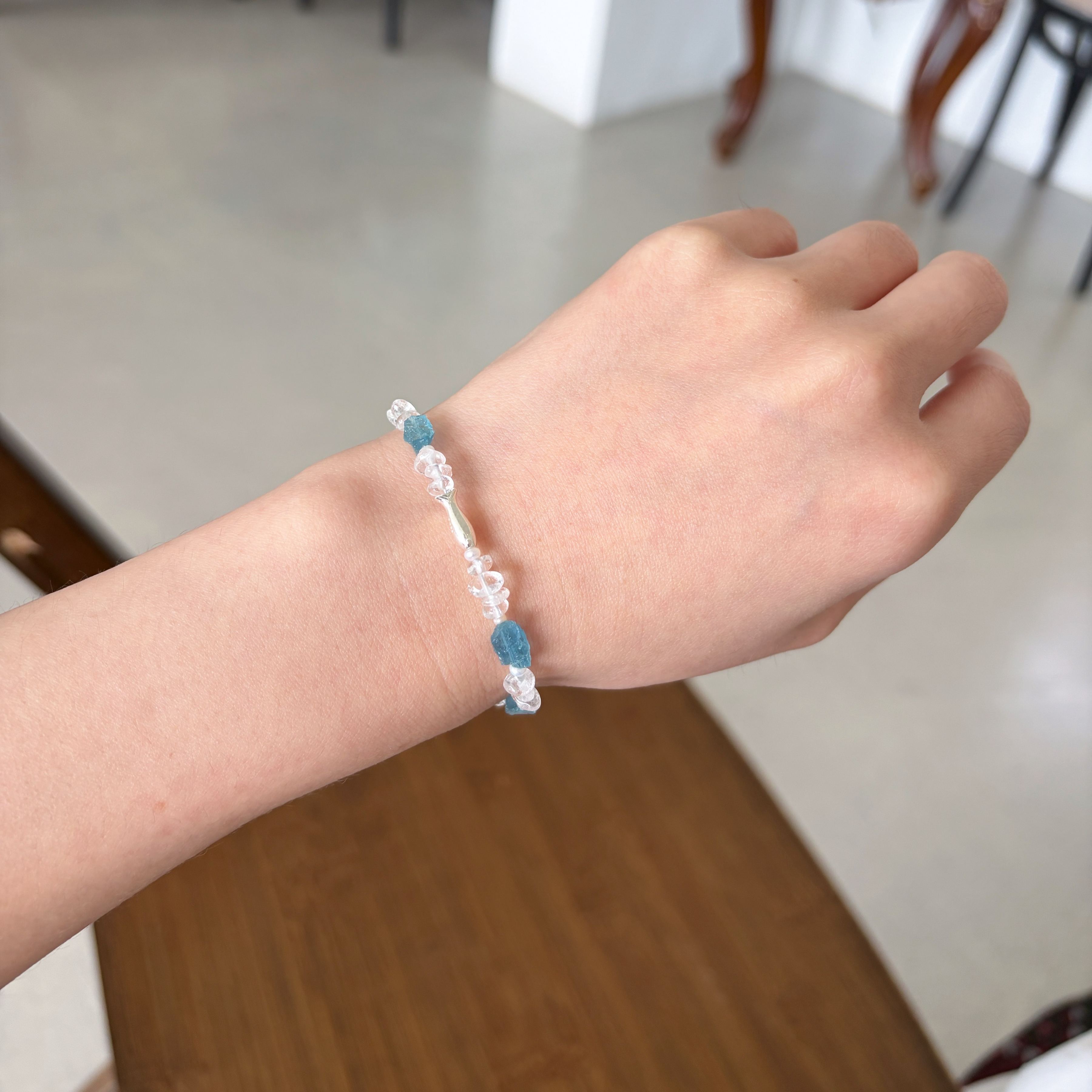 One of a Kind Aquamarine and Clear Quartz Bracelet with Sterling Silver Fish Charm