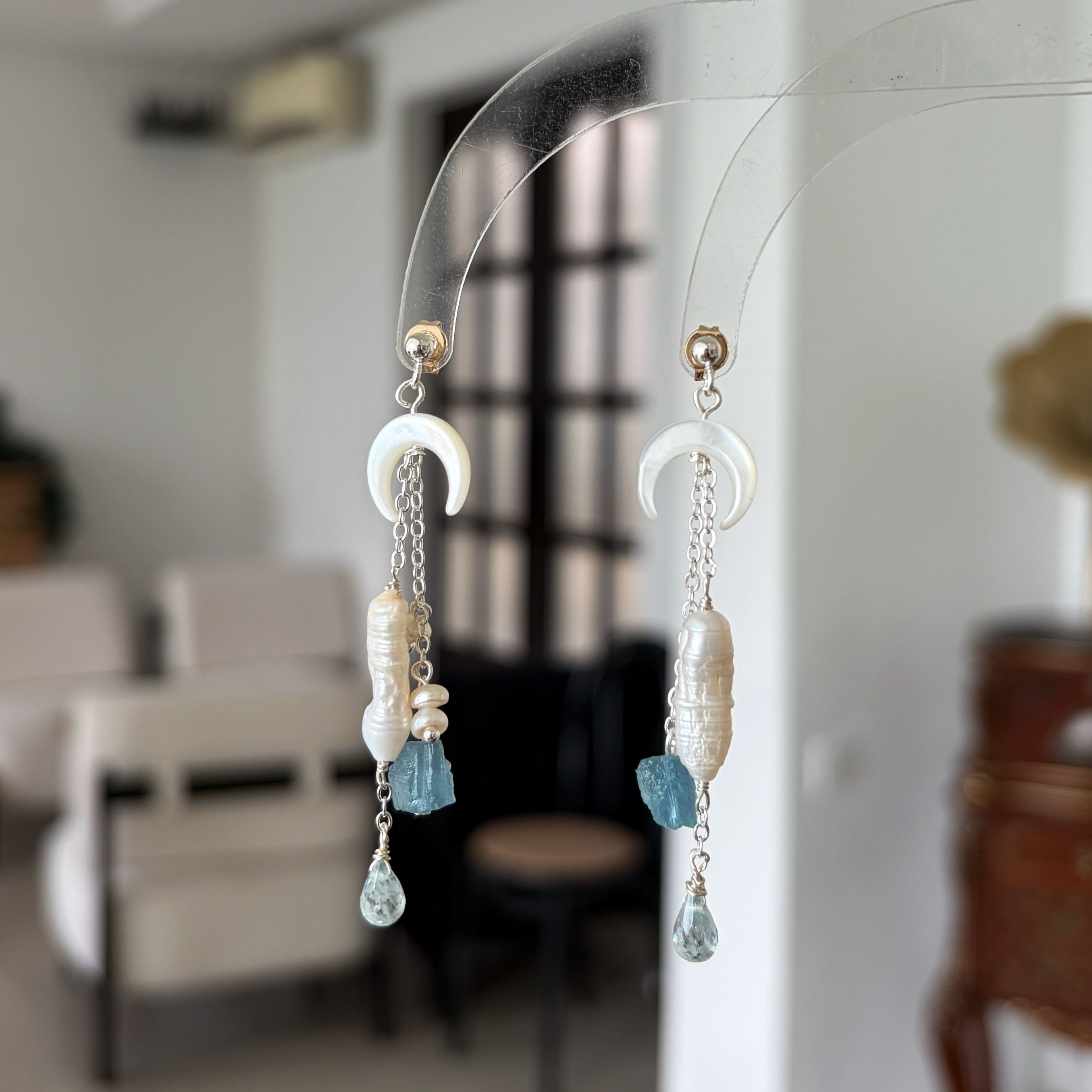 One-of-a-Kind Moonlit Tide Biwa Pearl and Aquamarine Drop Earrings