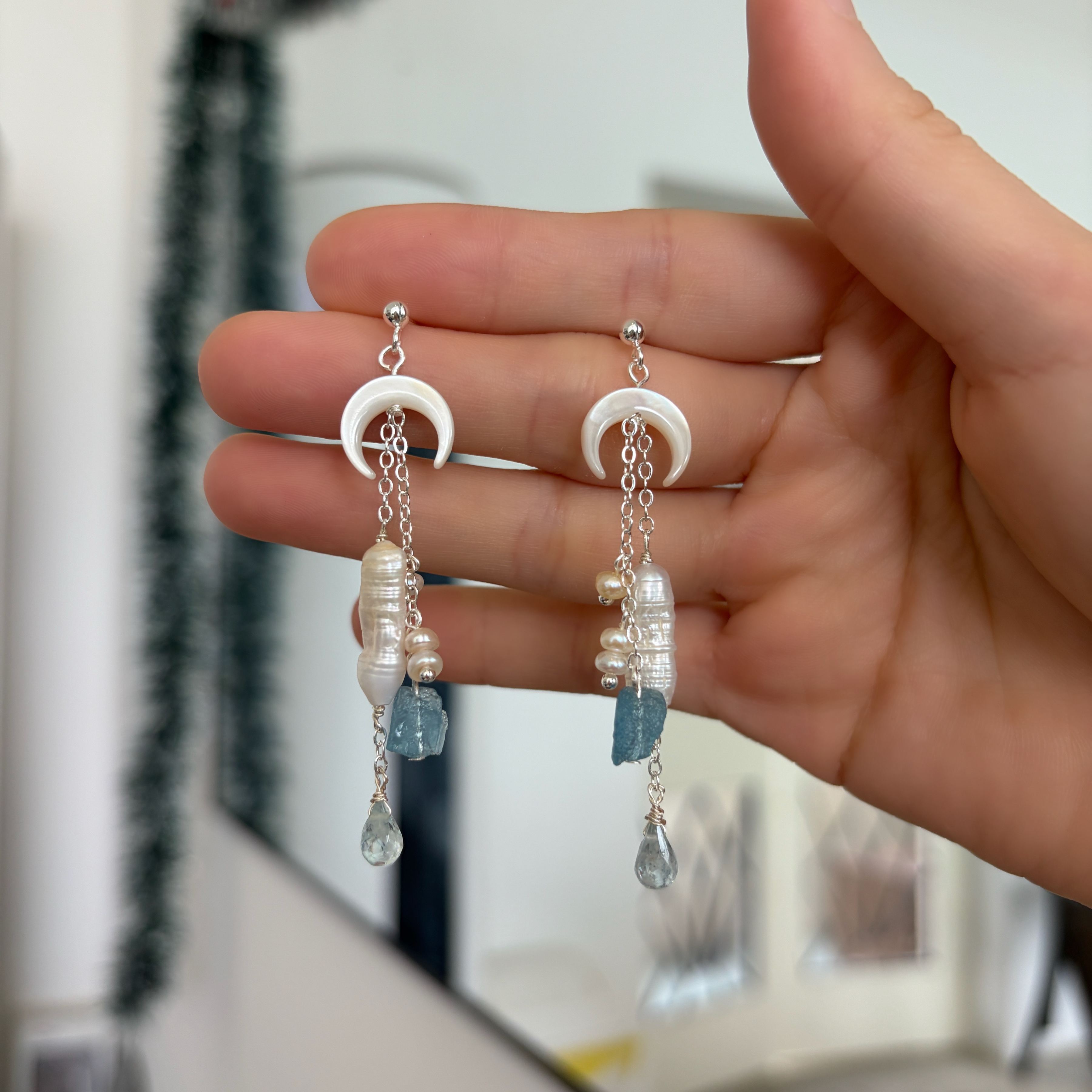 One-of-a-Kind Moonlit Tide Biwa Pearl and Aquamarine Drop Earrings