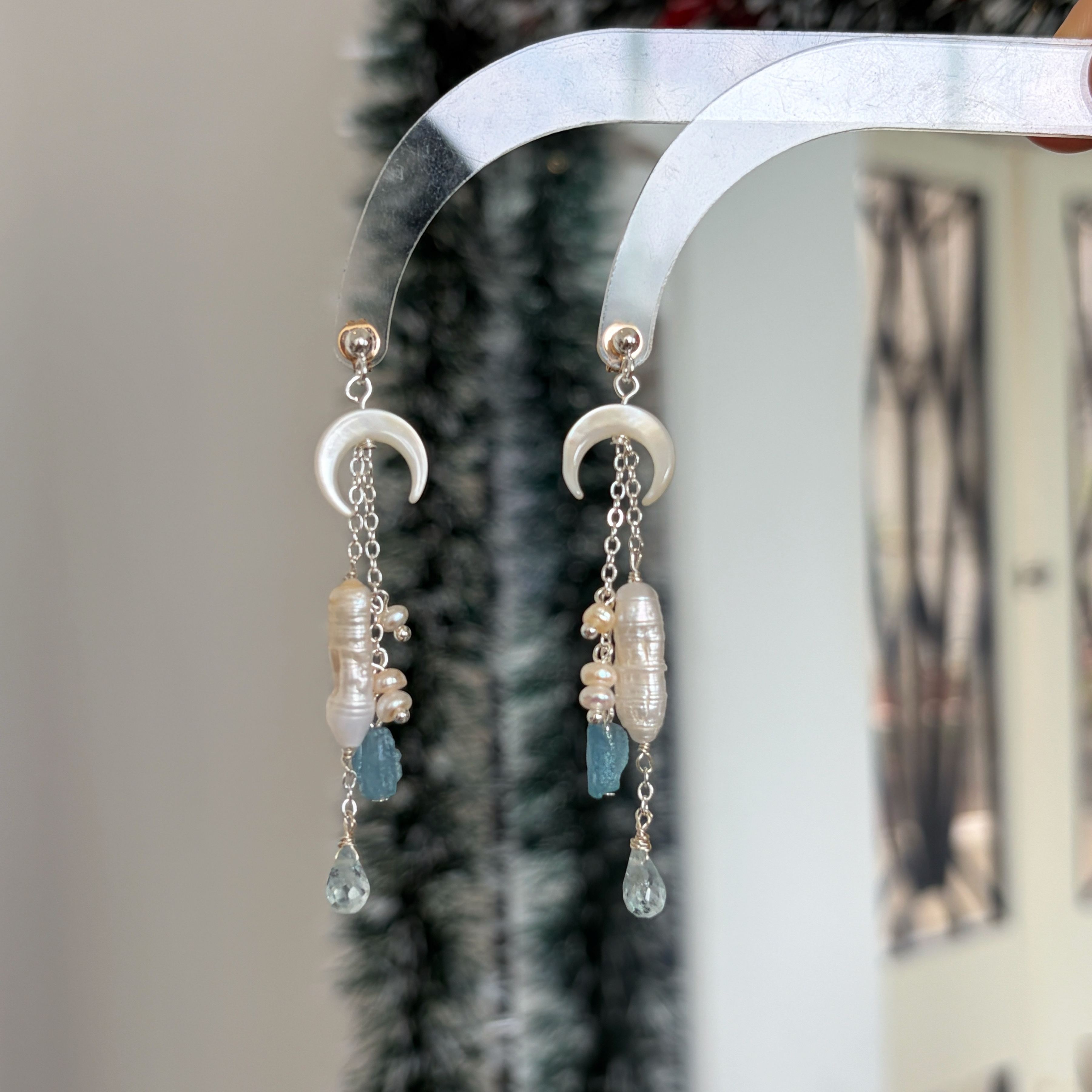 One-of-a-Kind Moonlit Tide Biwa Pearl and Aquamarine Drop Earrings