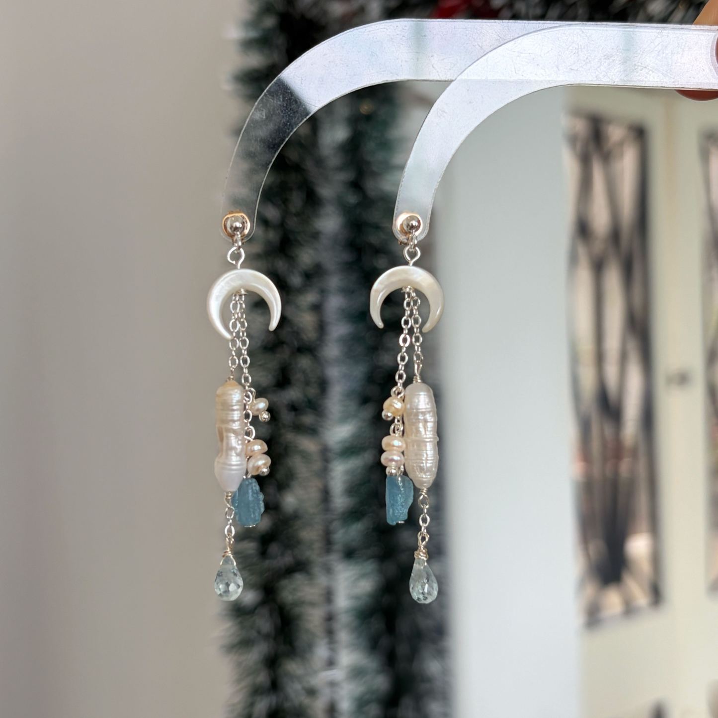 One-of-a-Kind Moonlit Tide Biwa Pearl and Aquamarine Drop Earrings