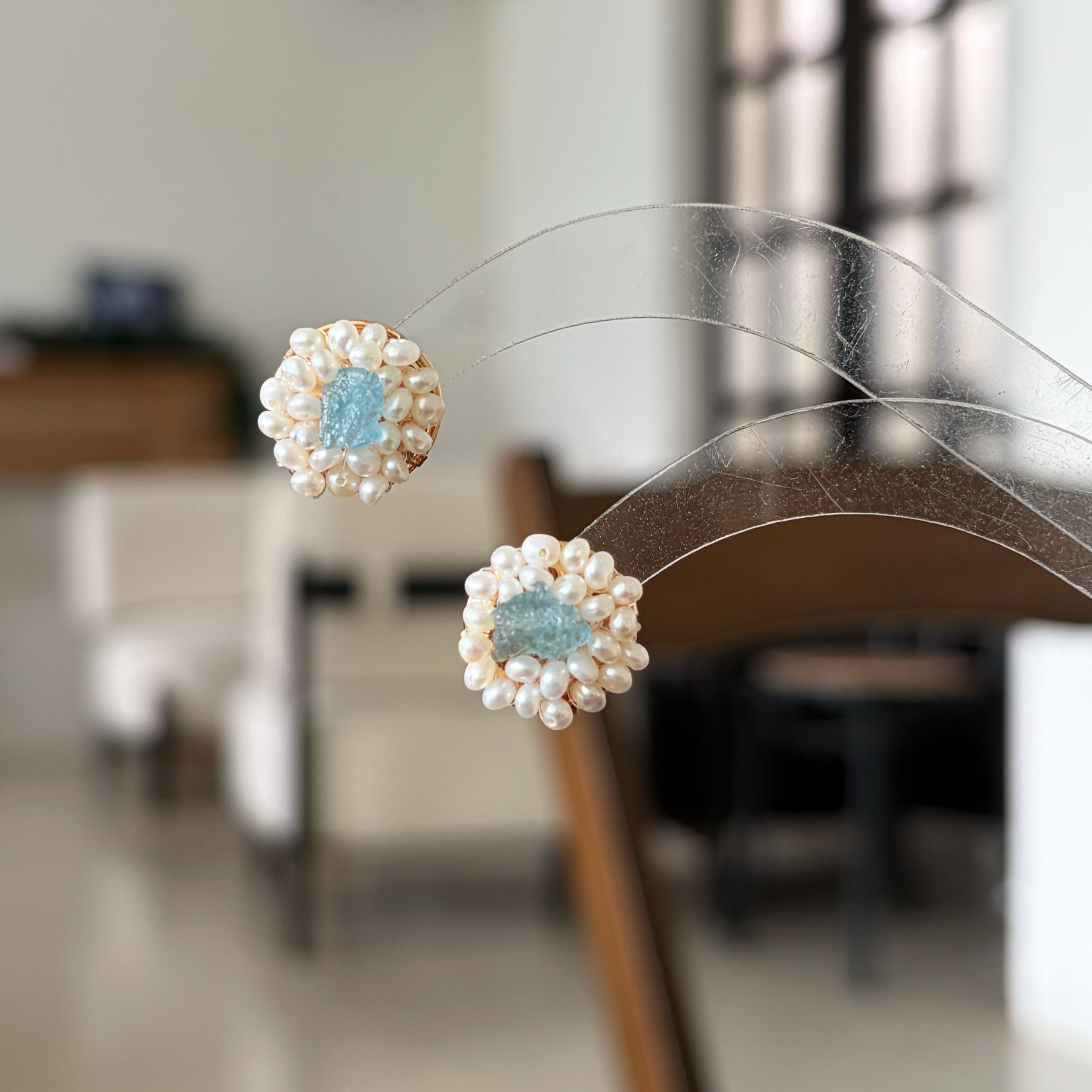 One-of-a-Kind Raw Aquamarine Core and Pearls Cluster Stud Earrings 