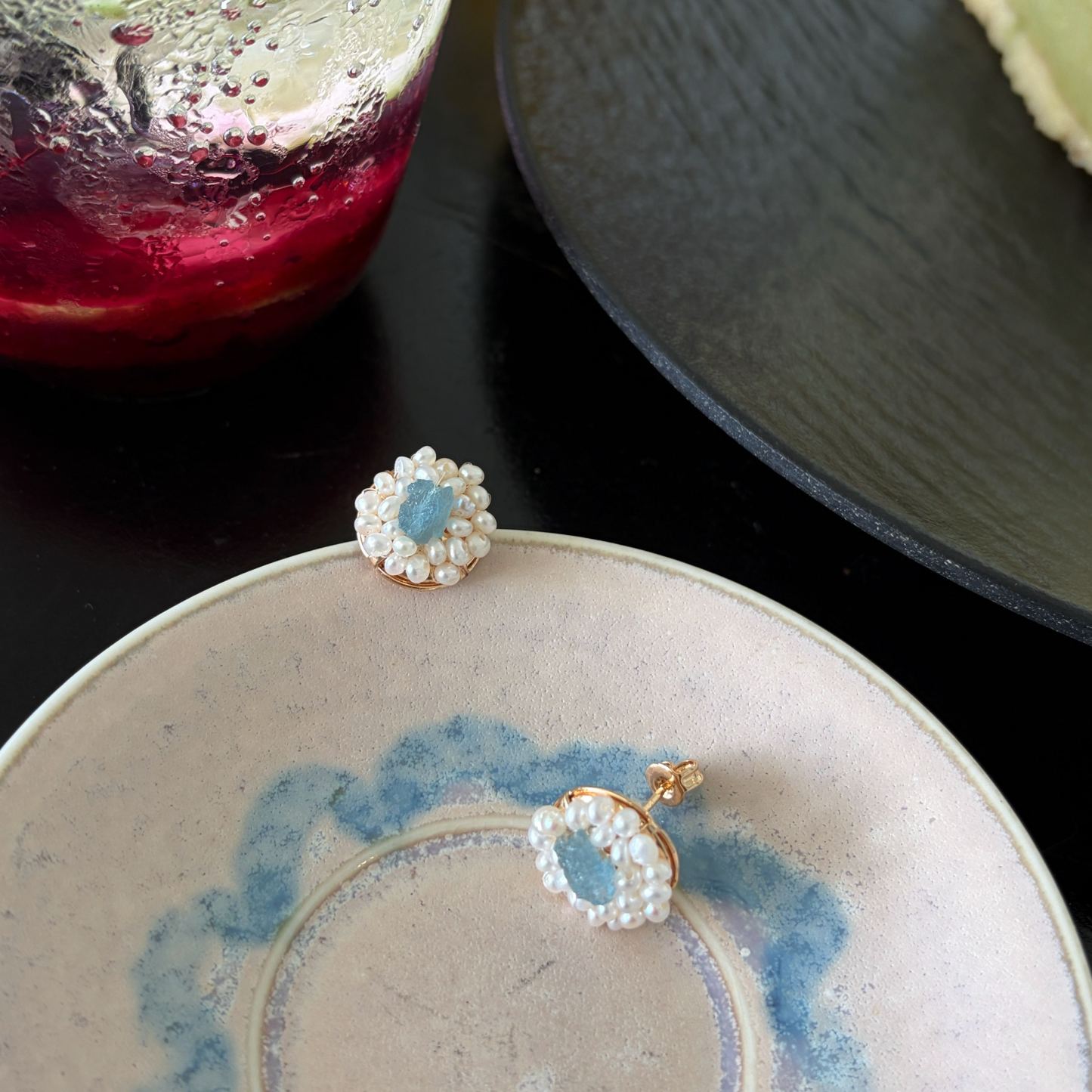 One-of-a-Kind Raw Aquamarine Core and Pearls Cluster Stud Earrings 