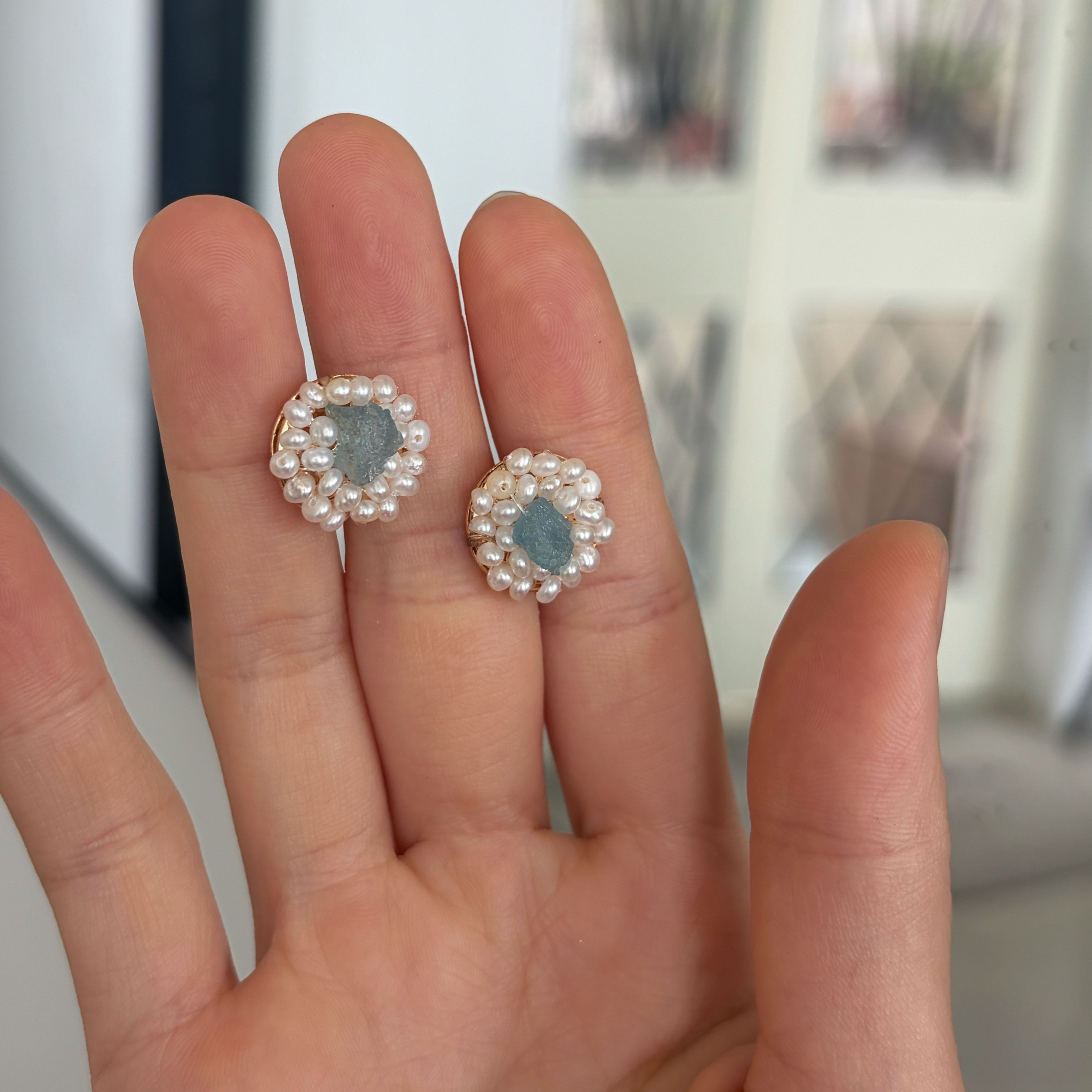 One-of-a-Kind Raw Aquamarine Core and Pearls Cluster Stud Earrings 