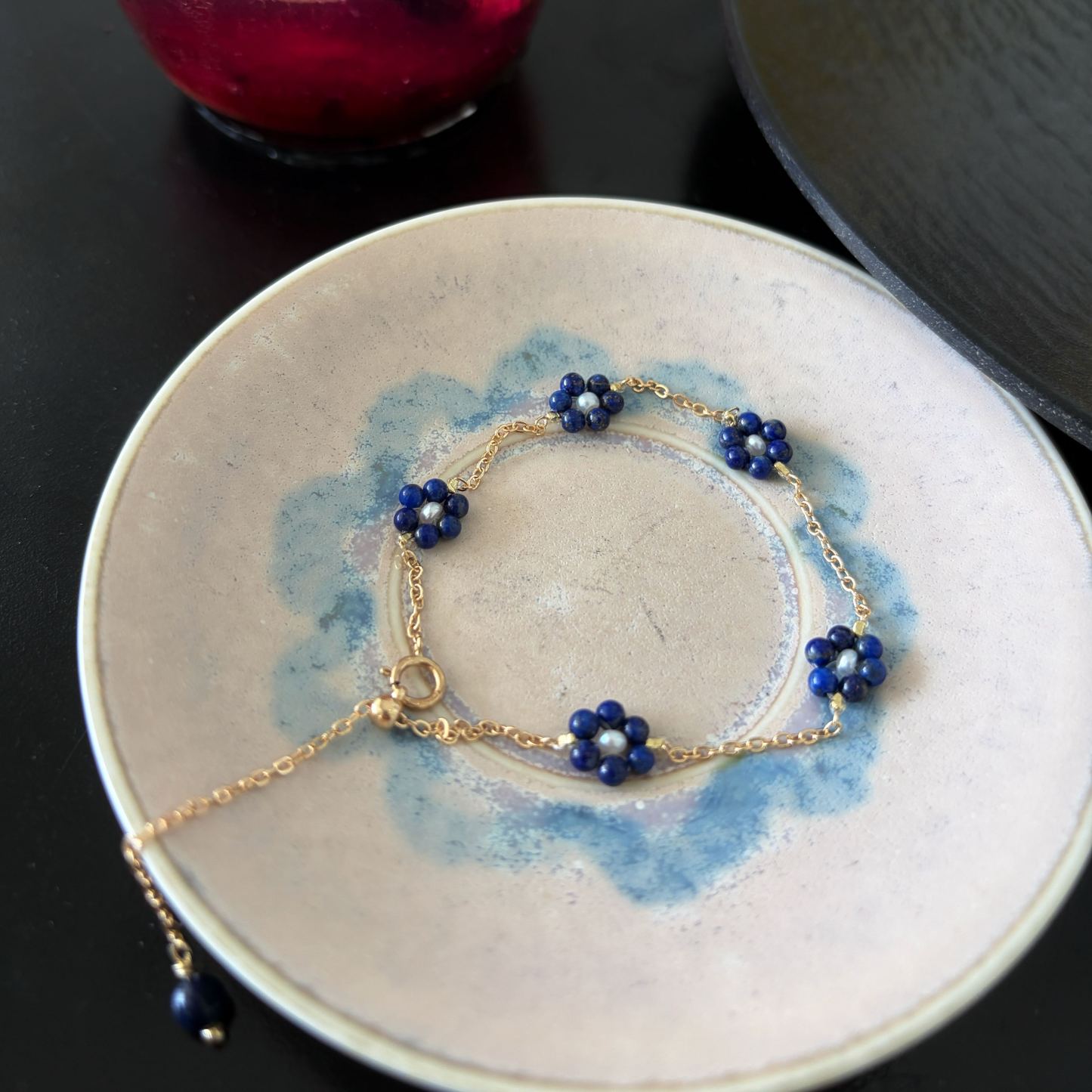 Handmade Lapis Lazuli and Pearl Little Flower Bracelet Minimalist Layered Bracelet