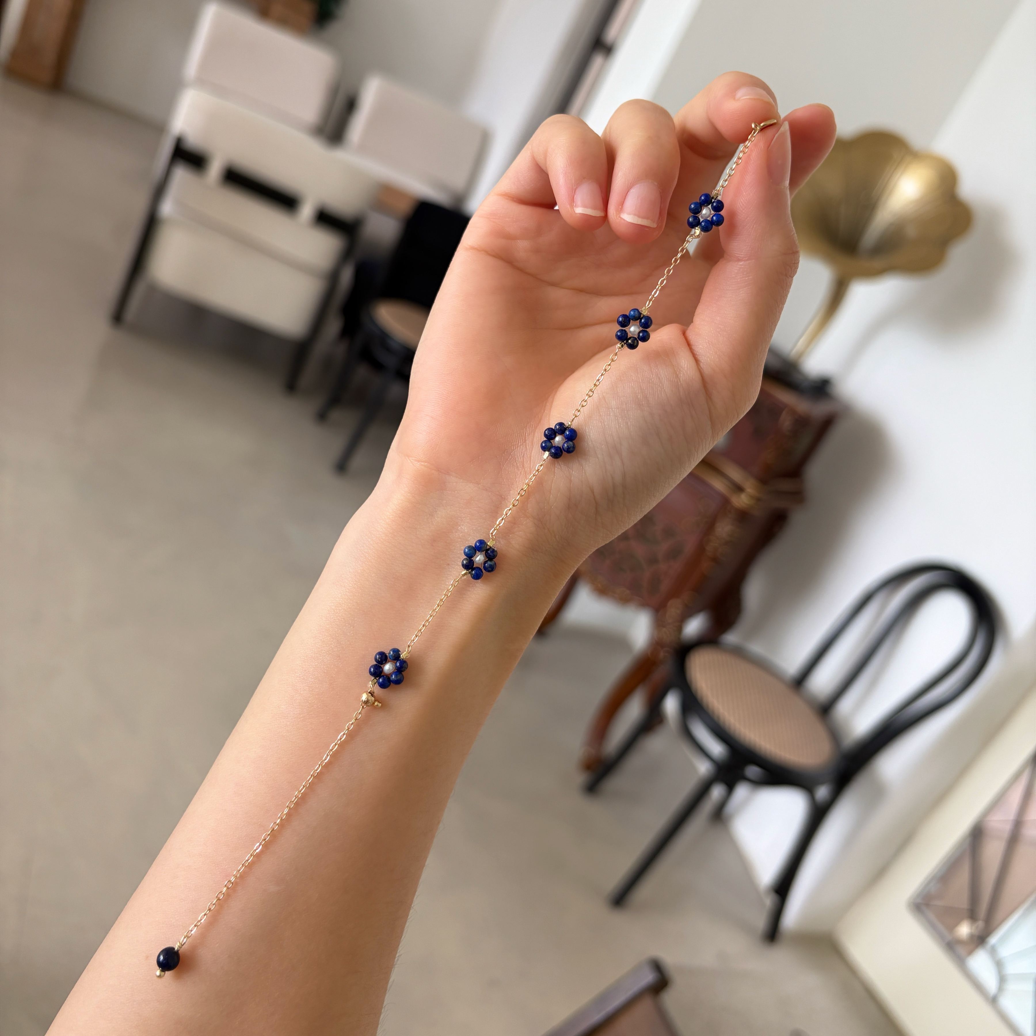 Handmade Lapis Lazuli and Pearl Little Flower Bracelet Minimalist Layered Bracelet