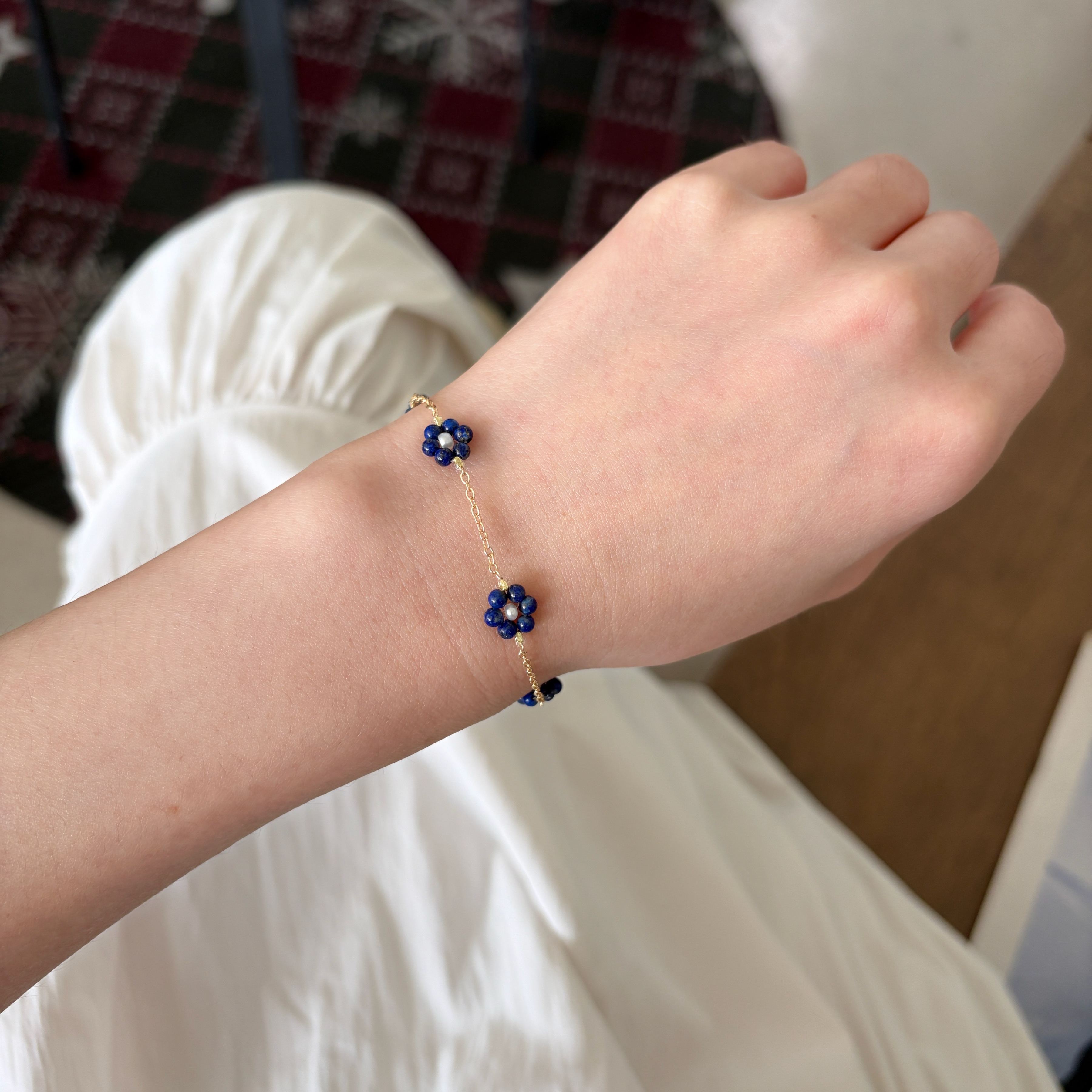 Handmade Lapis Lazuli and Pearl Little Flower Bracelet Minimalist Layered Bracelet