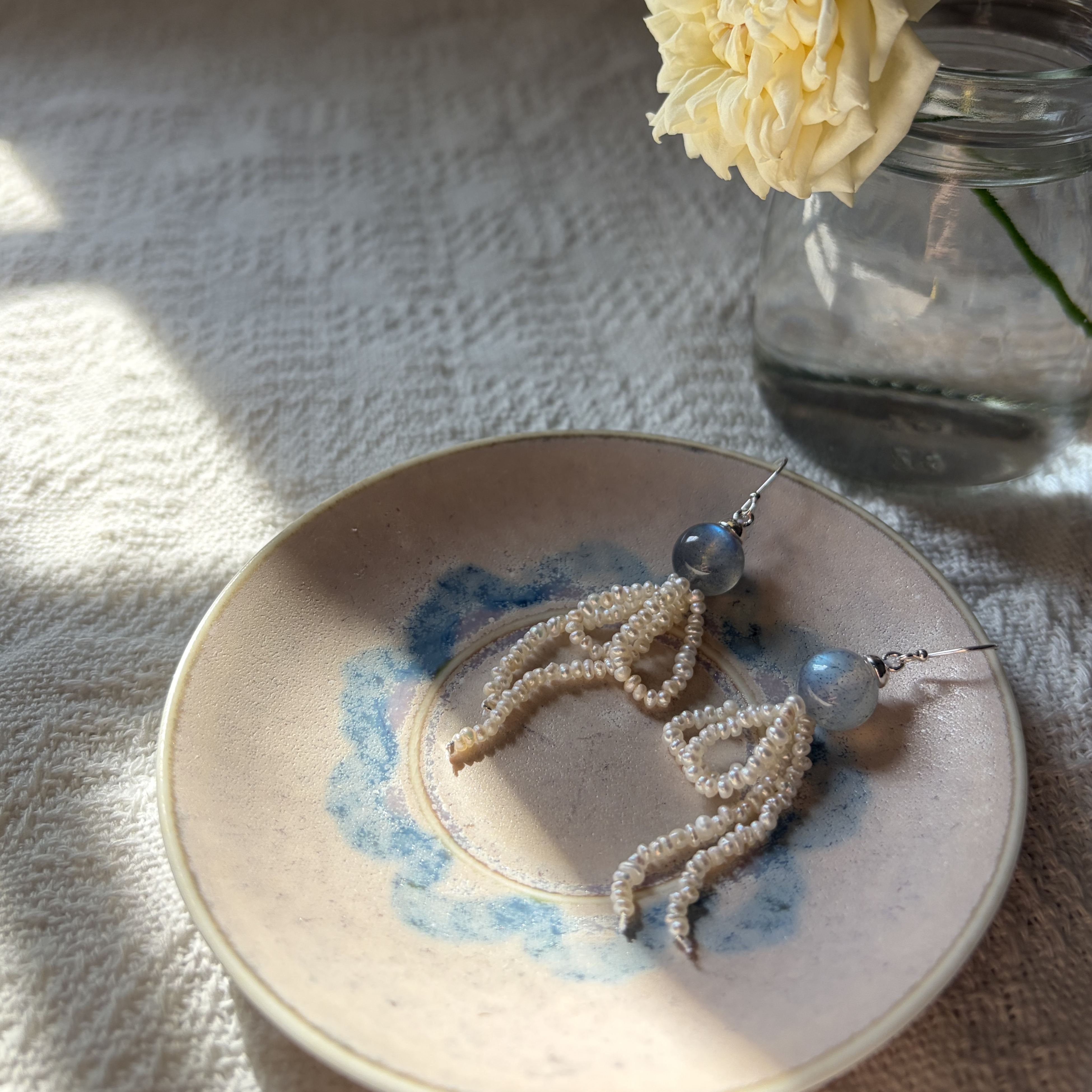 Handmade Moonlight Rain Earrings Labradorite and Freshwater Pearl Tassel Earrings