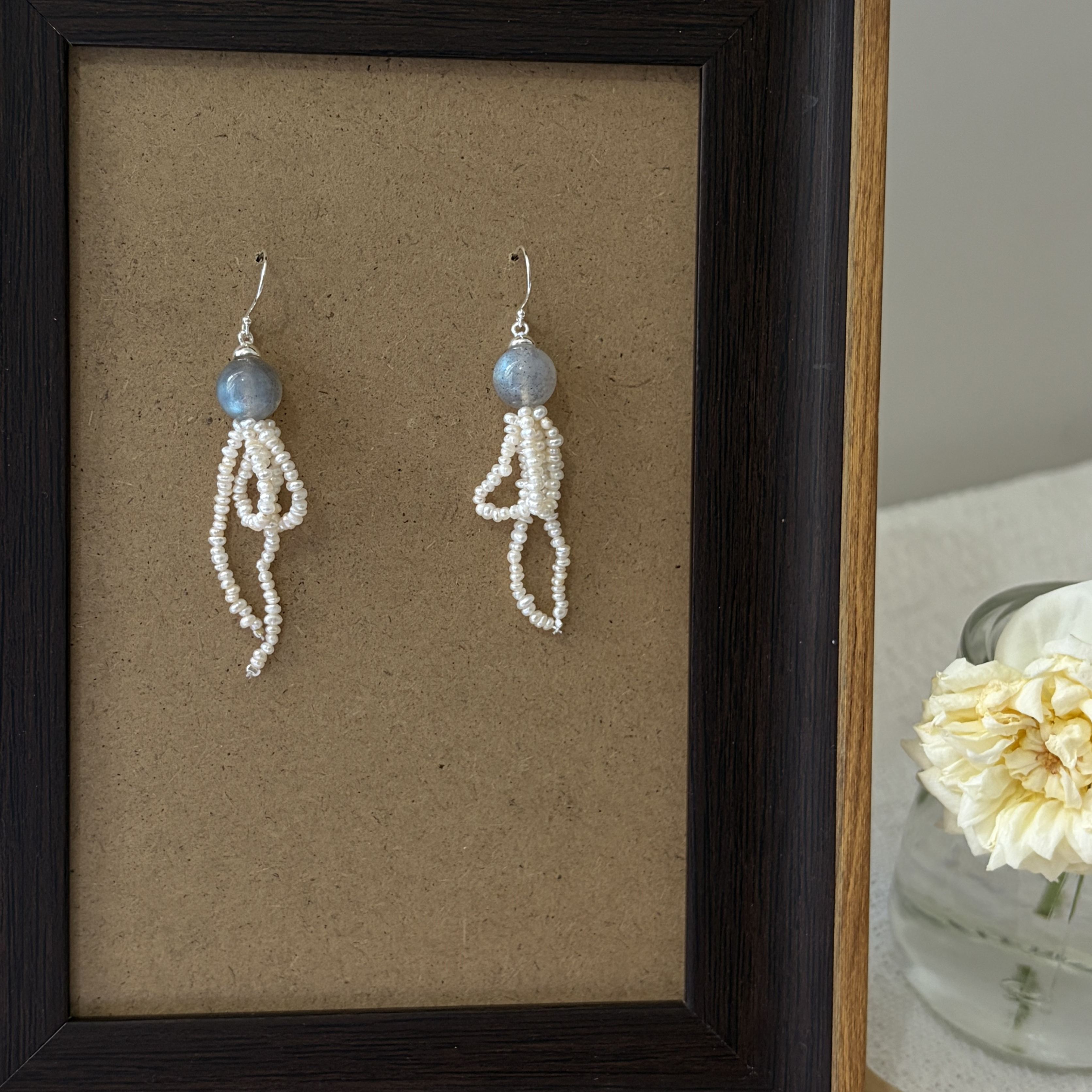 Handmade Moonlight Rain Earrings Labradorite and Freshwater Pearl Tassel Earrings