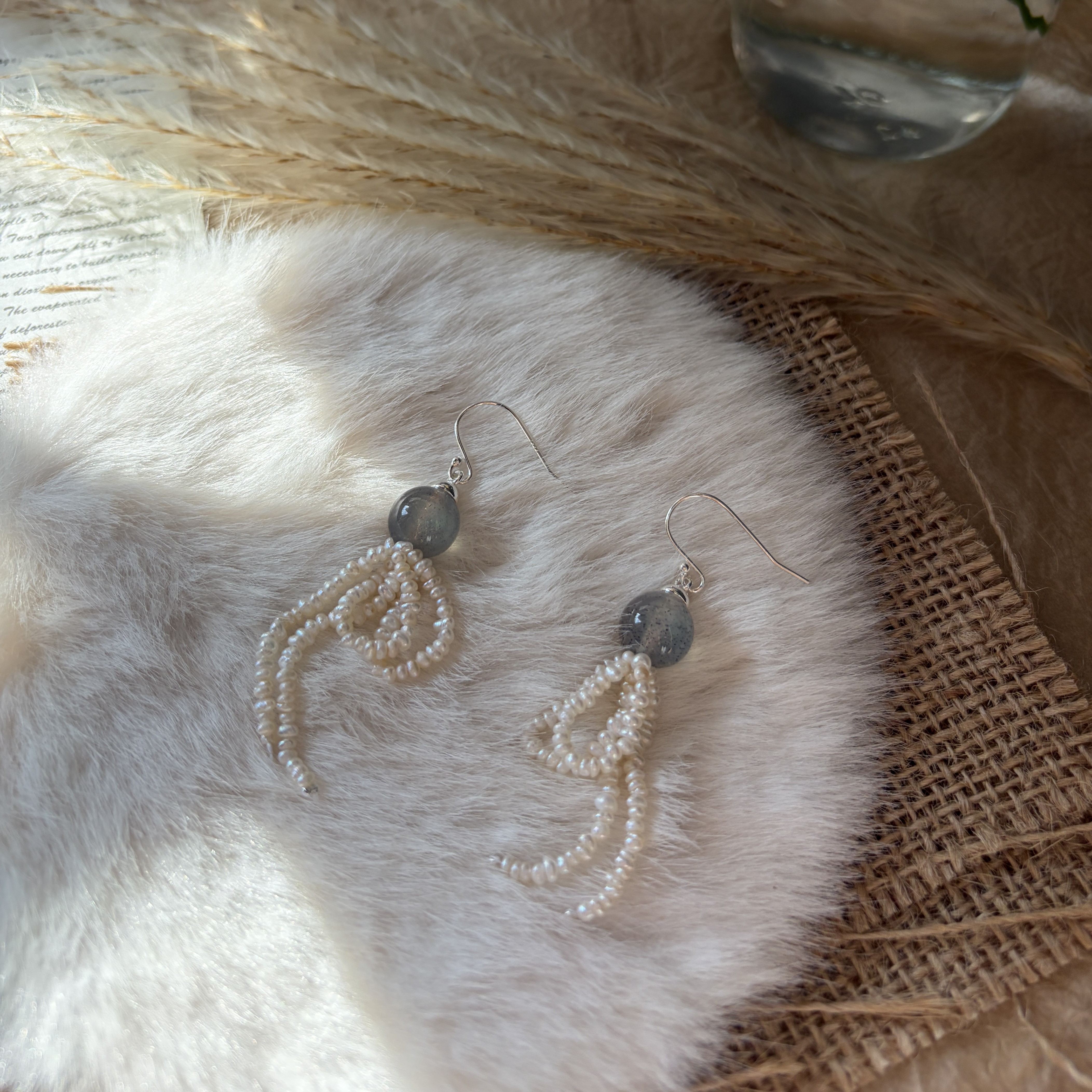 Handmade Moonlight Rain Earrings Labradorite and Freshwater Pearl Tassel Earrings