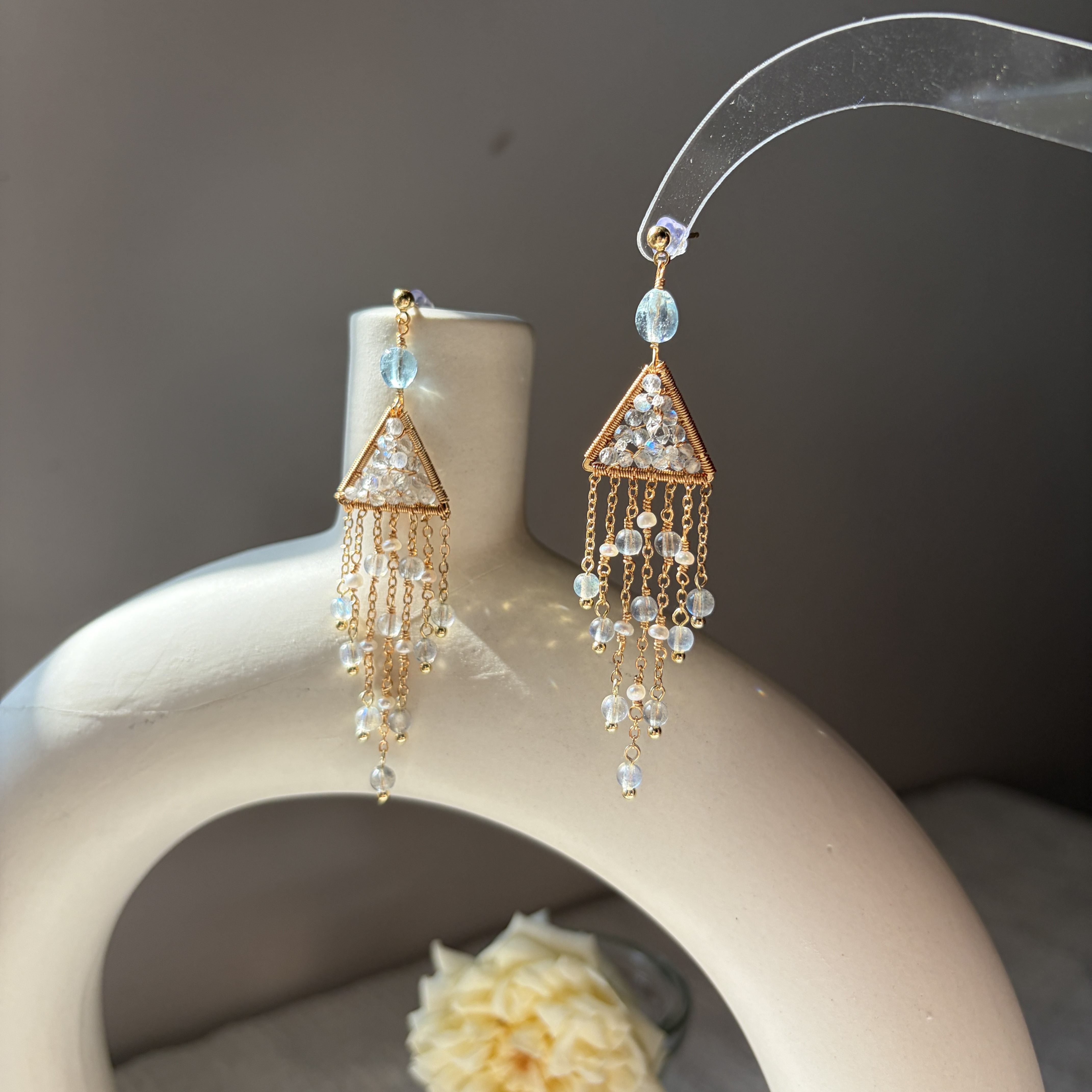 Handmade Night River Tassel Earrings Labradorite and Pearl Fringe Earrings