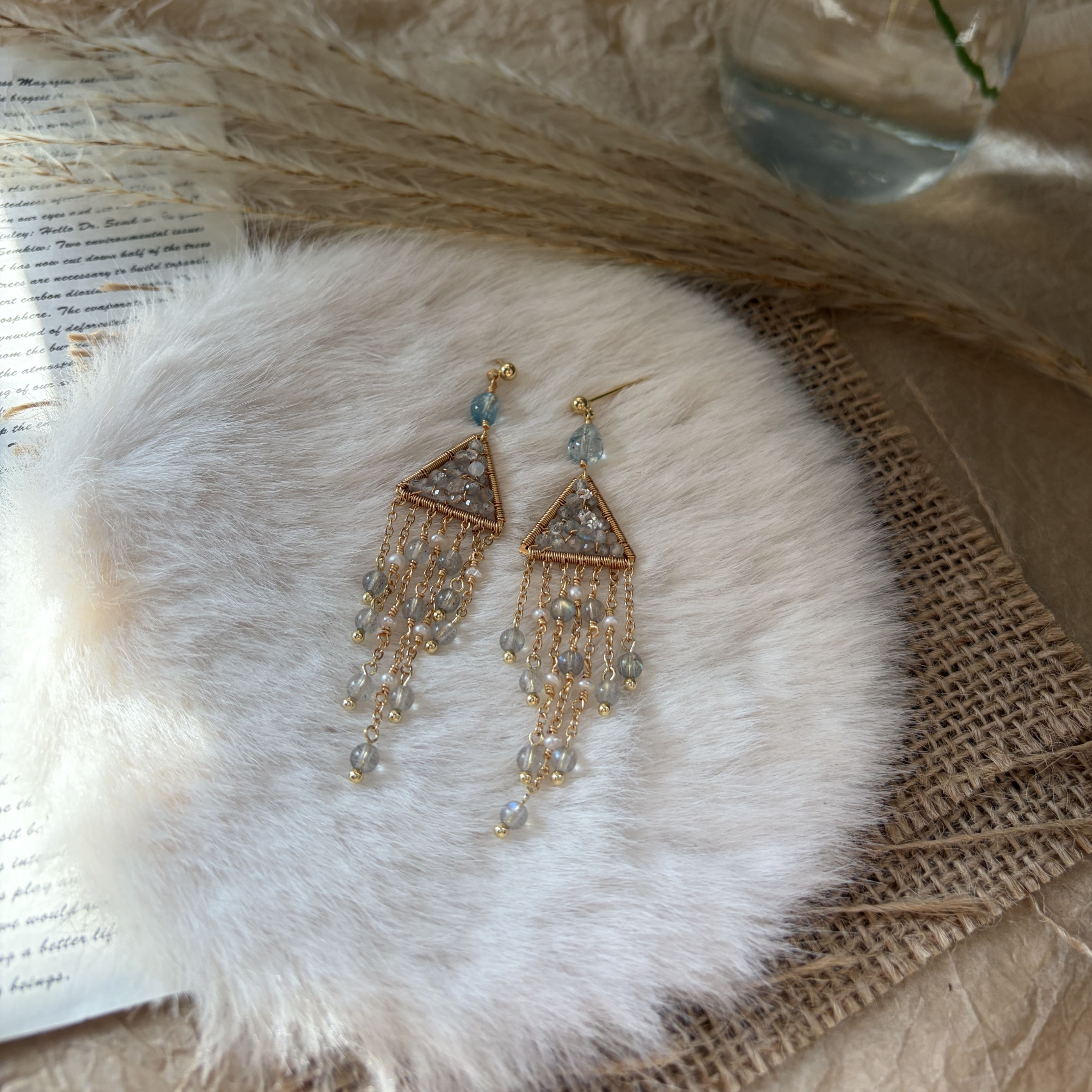 Handmade Night River Tassel Earrings Labradorite and Pearl Fringe Earrings
