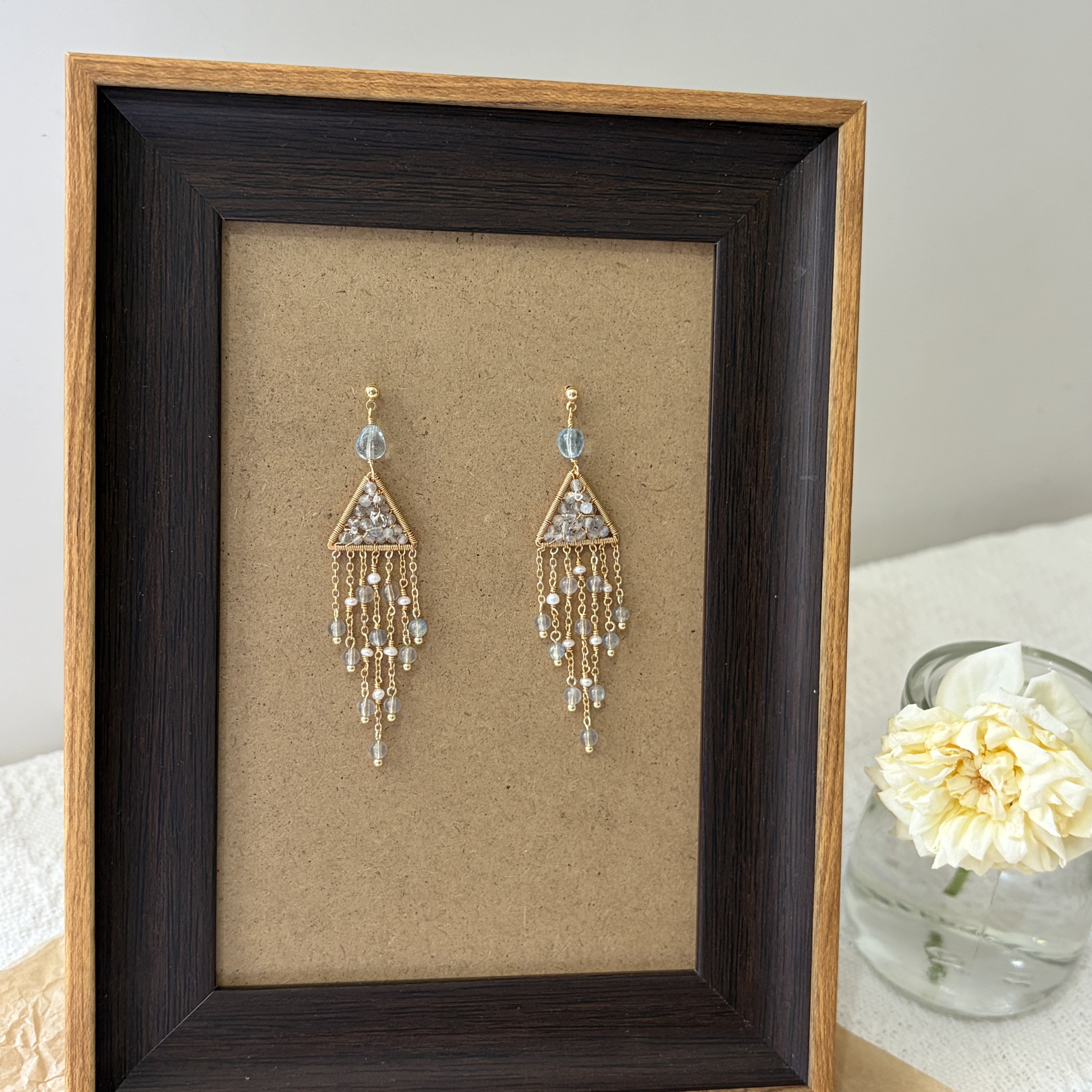 Handmade Night River Tassel Earrings Labradorite and Pearl Fringe Earrings