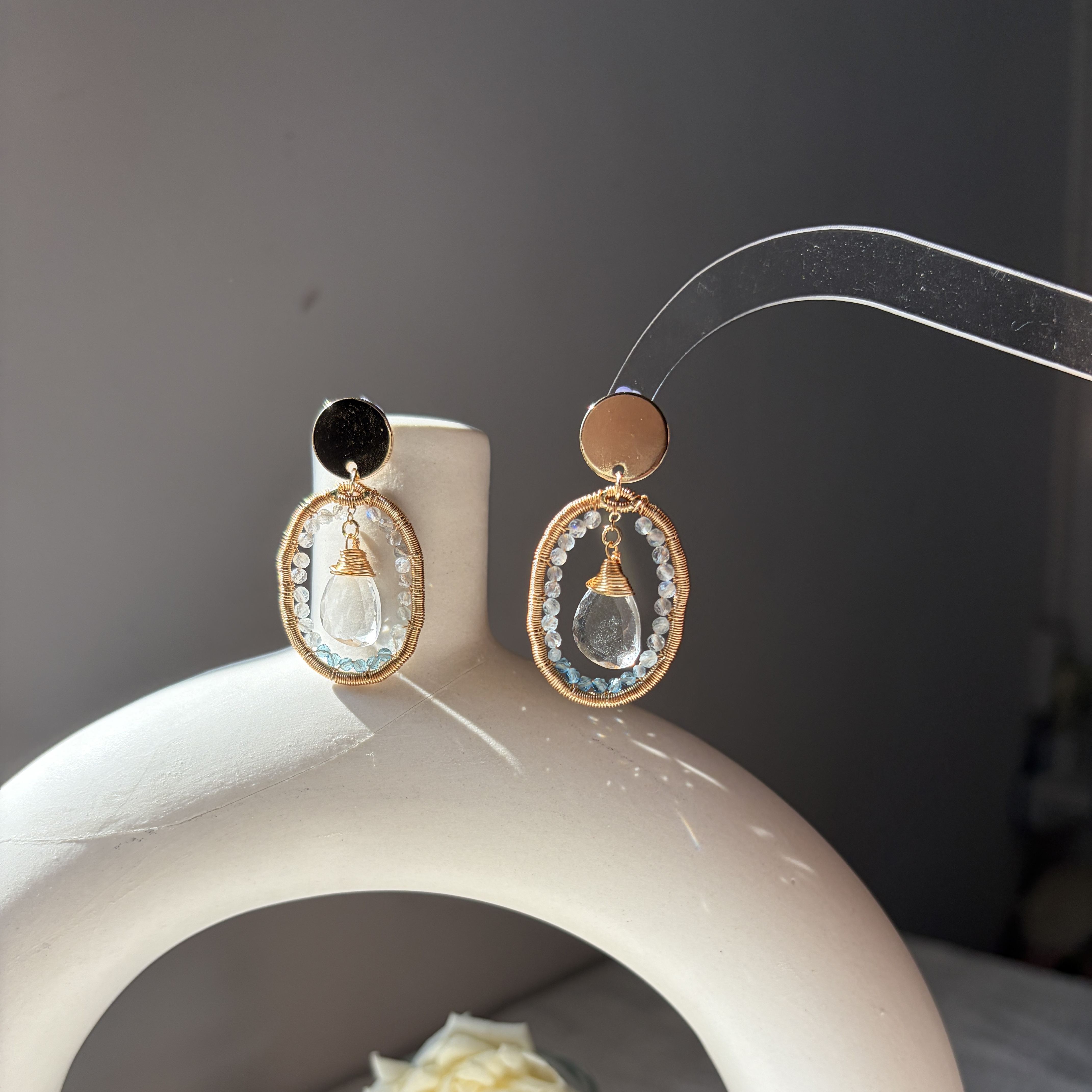 Handmade Glacier Moon Drop Earrings – Labradorite, Aquamarine & Clear Quartz Statement Earrings 